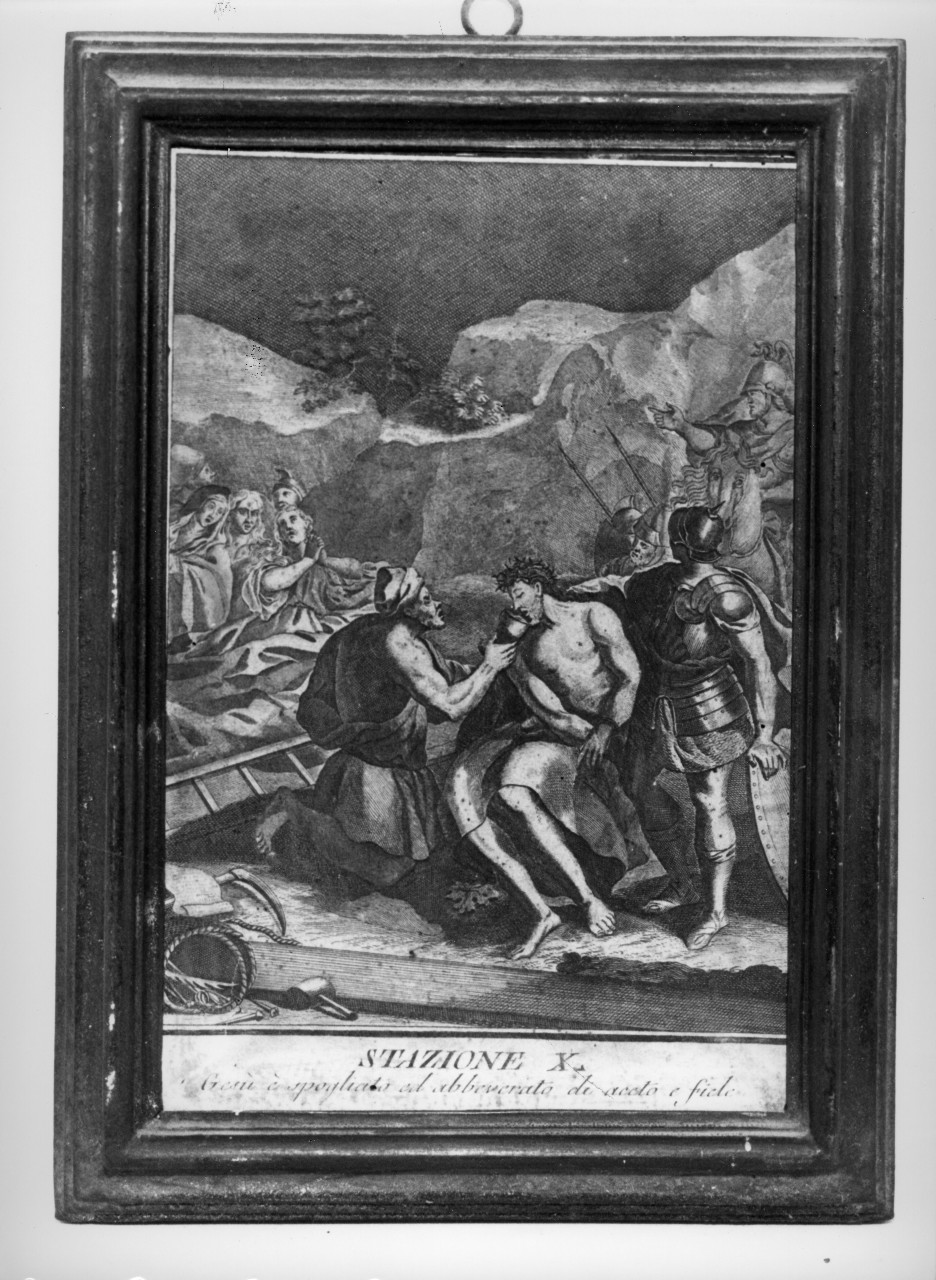 stazione X: Gesù spogliato e abbeverato di fiele (stampa colorata a mano) - ambito italiano (sec. XVIII)