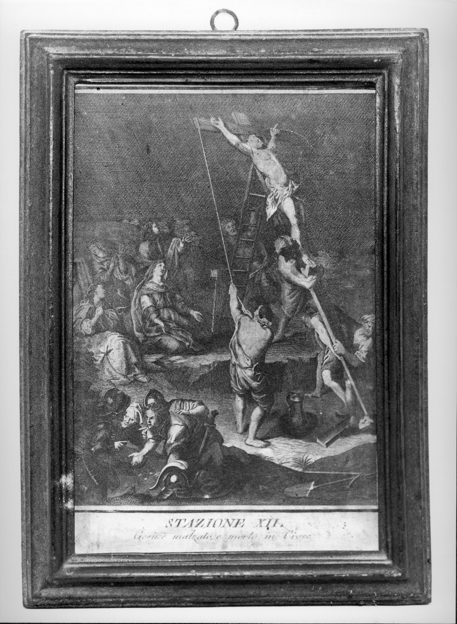 stazione XII: Gesù innalzato e morto in croce (stampa colorata a mano) - ambito italiano (sec. XVIII)