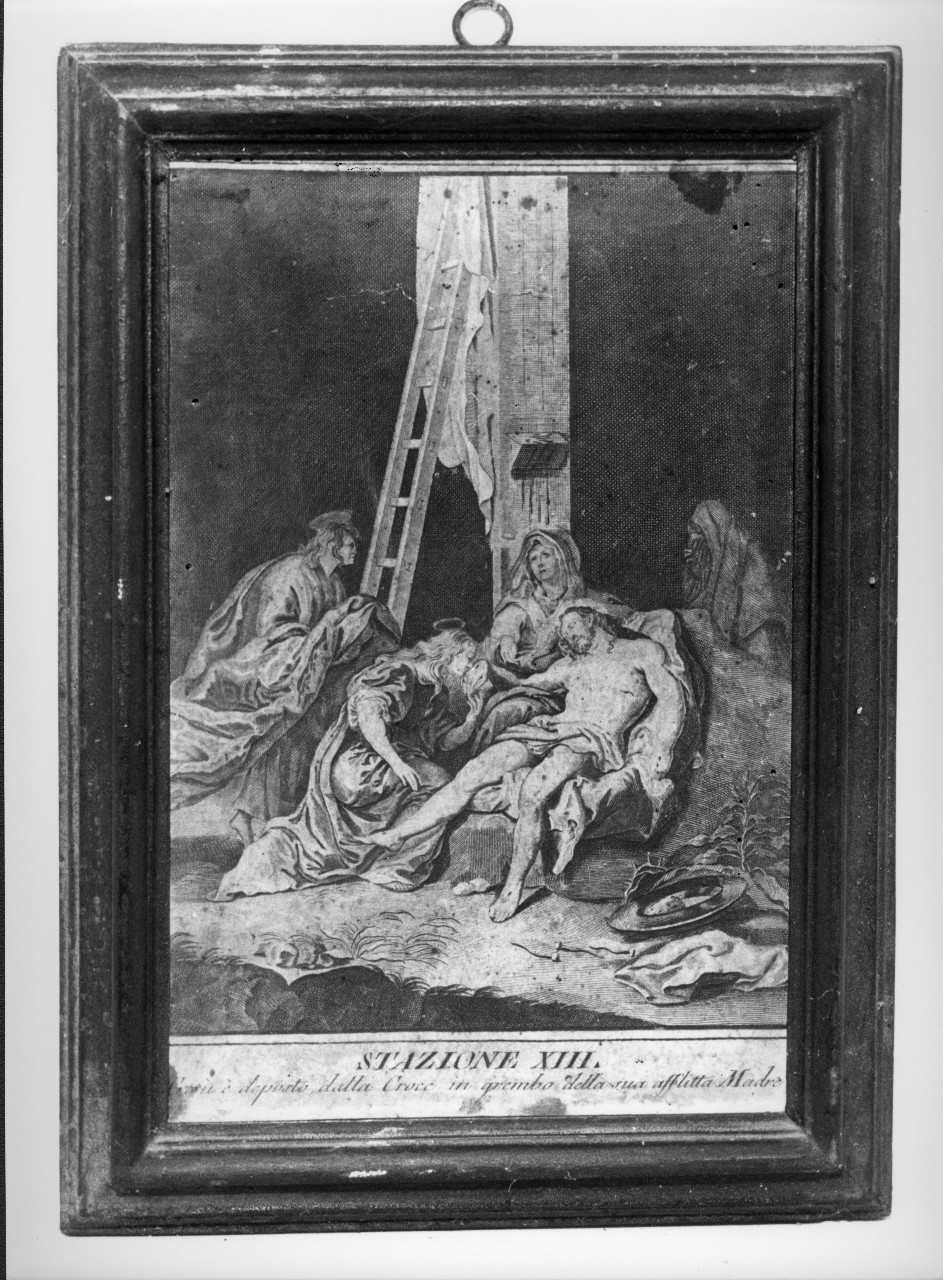 stazione XIII: Gesù deposto dalla croce (stampa colorata a mano) - ambito italiano (sec. XVIII)