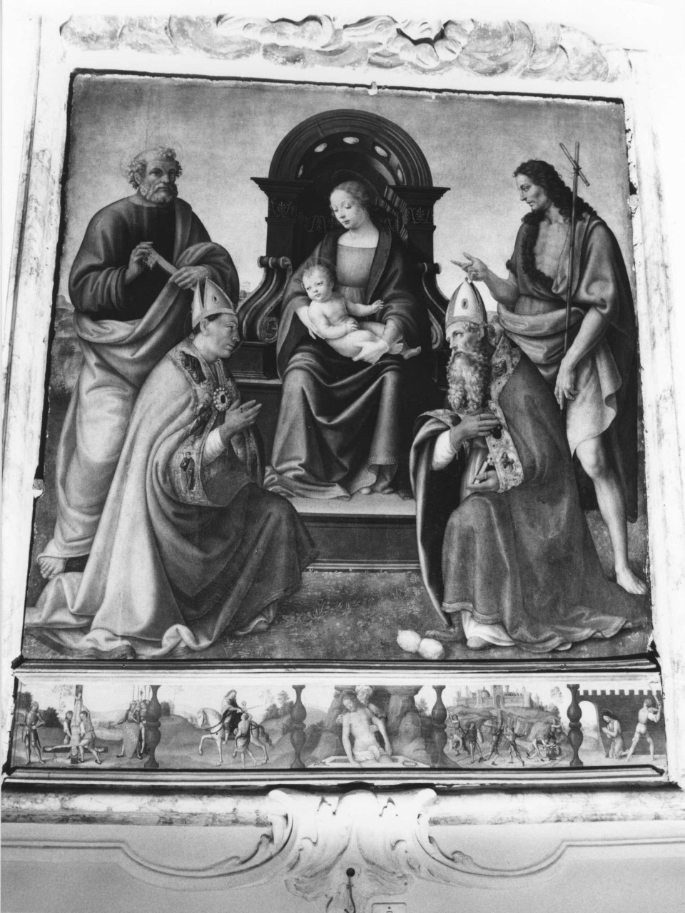 Madonna con Bambino in trono tra San Pietro, San Giovanni Battista, San Martino e San Giusto (dipinto) di Tosini Michele di Ridolfo del Ghirlandaio (attribuito) (inizio sec. XVI)