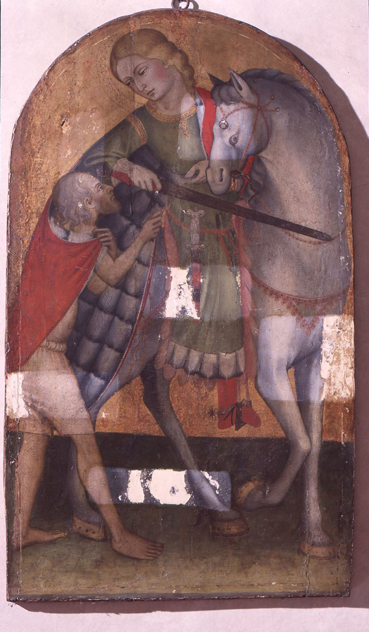 San Martino dona parte del mantello al povero (scomparto di trittico, elemento d'insieme) di Maestro del 1399 (sec. XV)