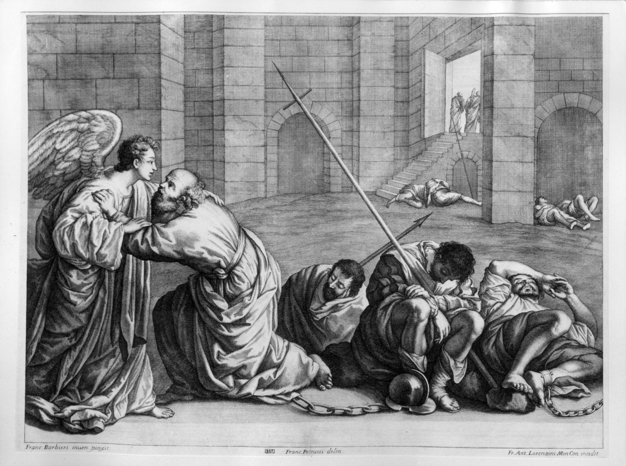 San Pietro liberato dal carcere da un angelo (stampa) di Barbieri Francesco, Petrucci Francesco, Lorenzini Giovanni Antonio (inizio sec. XVIII)