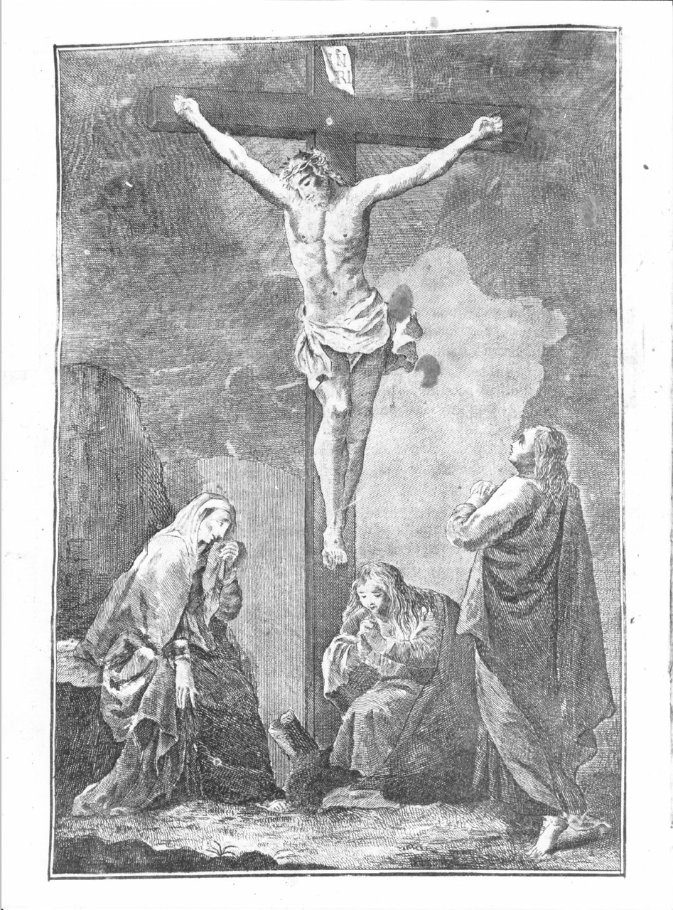 crocifissione di Cristo con la Madonna e Santa Maria Maddalena e San Giovanni evangelista (stampa) - ambito veneto (sec. XVIII)