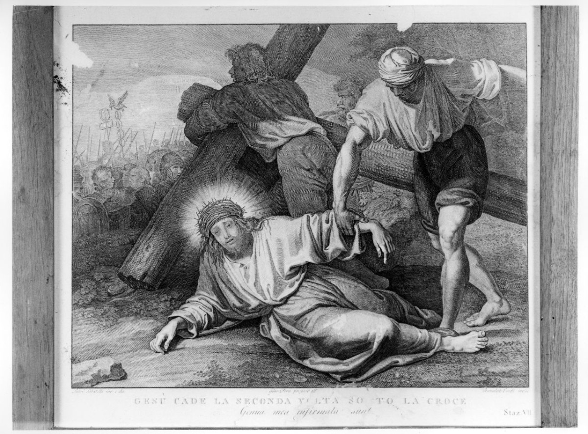 stazione VII: Gesù cade sotto la croce la seconda volta (stampa) di Sabatelli Luigi, Pera Giuseppe, Eredi Benedetto (sec. XIX)