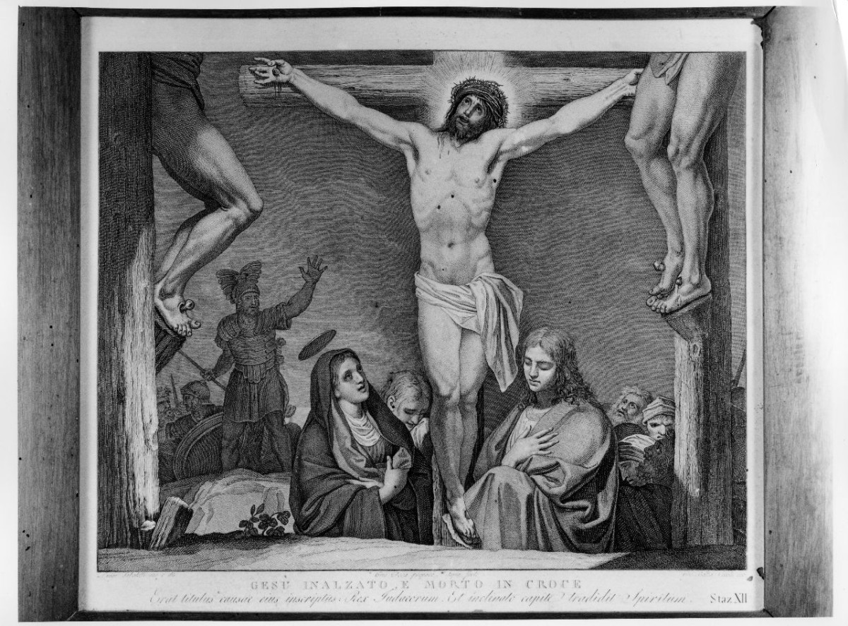 stazione XII: Gesù innalzato e morto in croce (stampa) di Sabatelli Luigi, Pera Giuseppe, Cecchi Giovan Battista (sec. XIX)