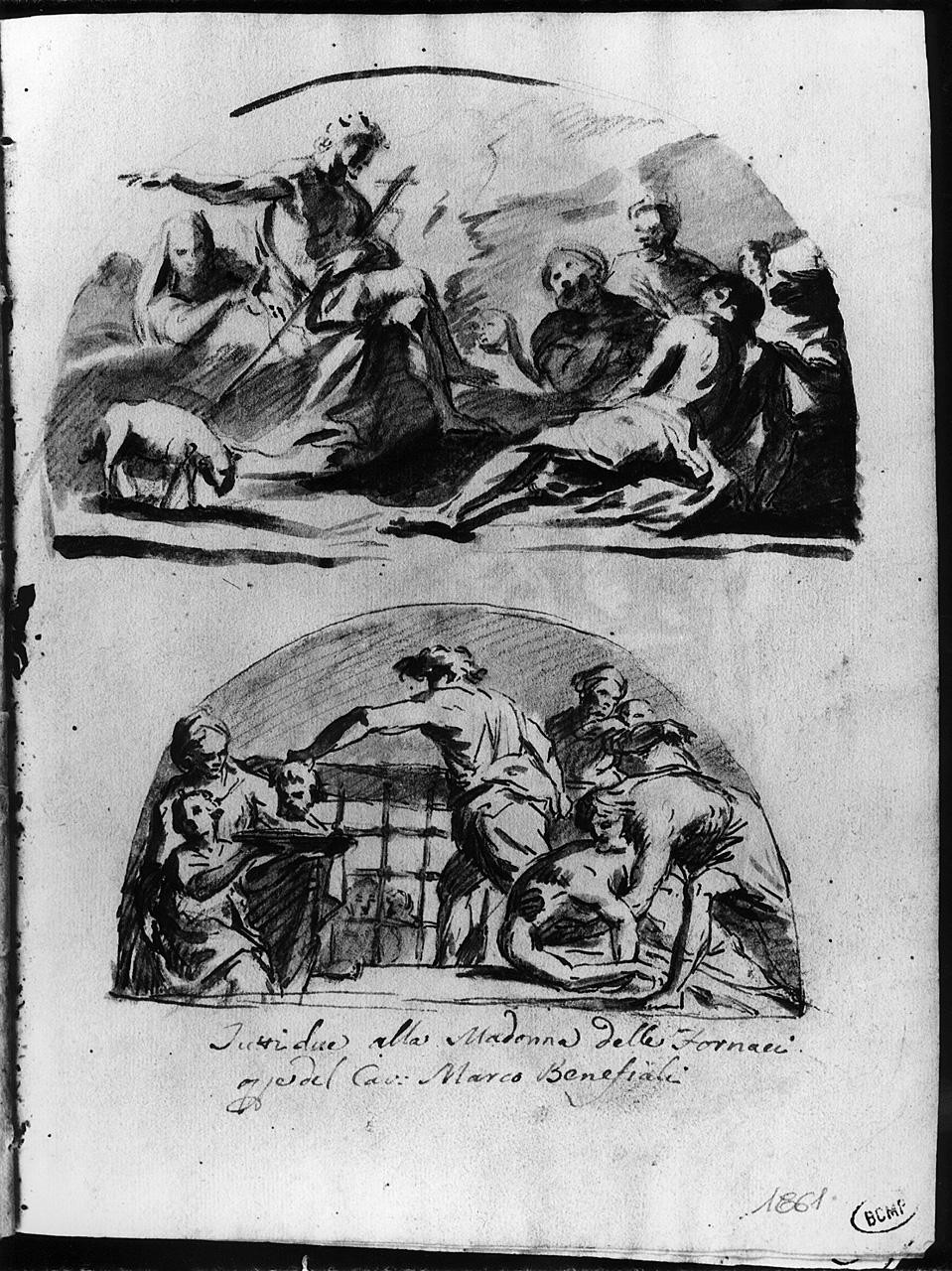 San Giovanni Battista predica nel deserto; decapitazione di San Giovanni Battista (disegno) di Ansaldi Innocenzo (sec. XVIII)