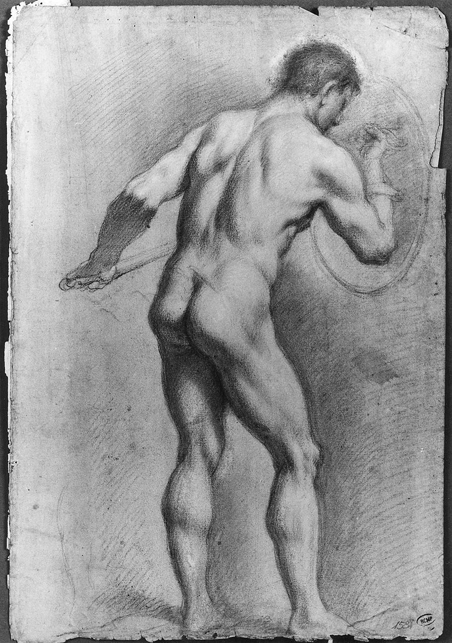 figura maschile nuda con scudo e spada (disegno) di Ansaldi Innocenzo (sec. XVIII)