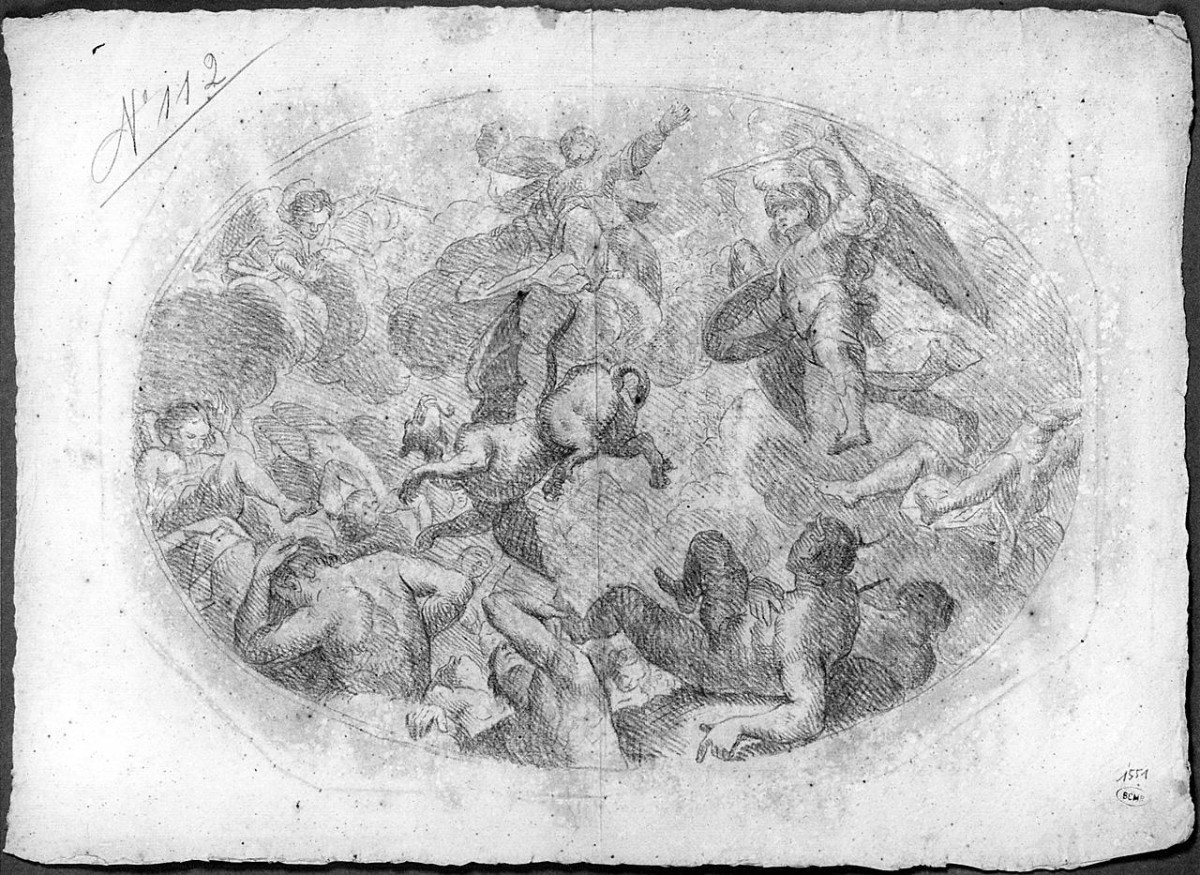 San Michele Arcangelo scaccia gli angeli ribelli dal paradiso (disegno) di Ansaldi Innocenzo (sec. XVIII)