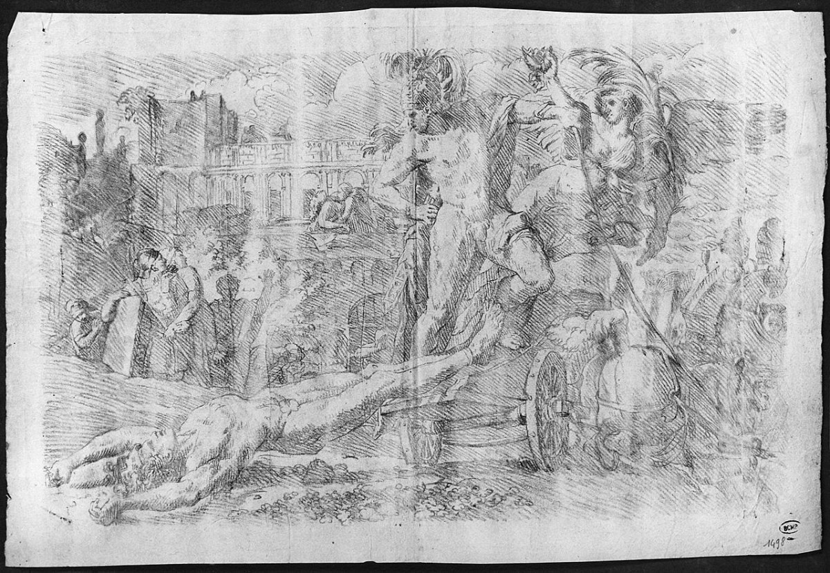 Achille trascina il corpo di Ettore intorno alle mura di Troia (disegno) di Ansaldi Innocenzo (sec. XVIII)