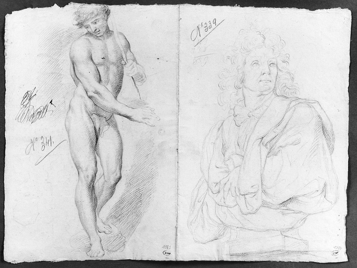 Ercole e Anteo; figura maschile nuda e busto ritratto maschile (disegno) di Ansaldi Innocenzo (sec. XVIII)