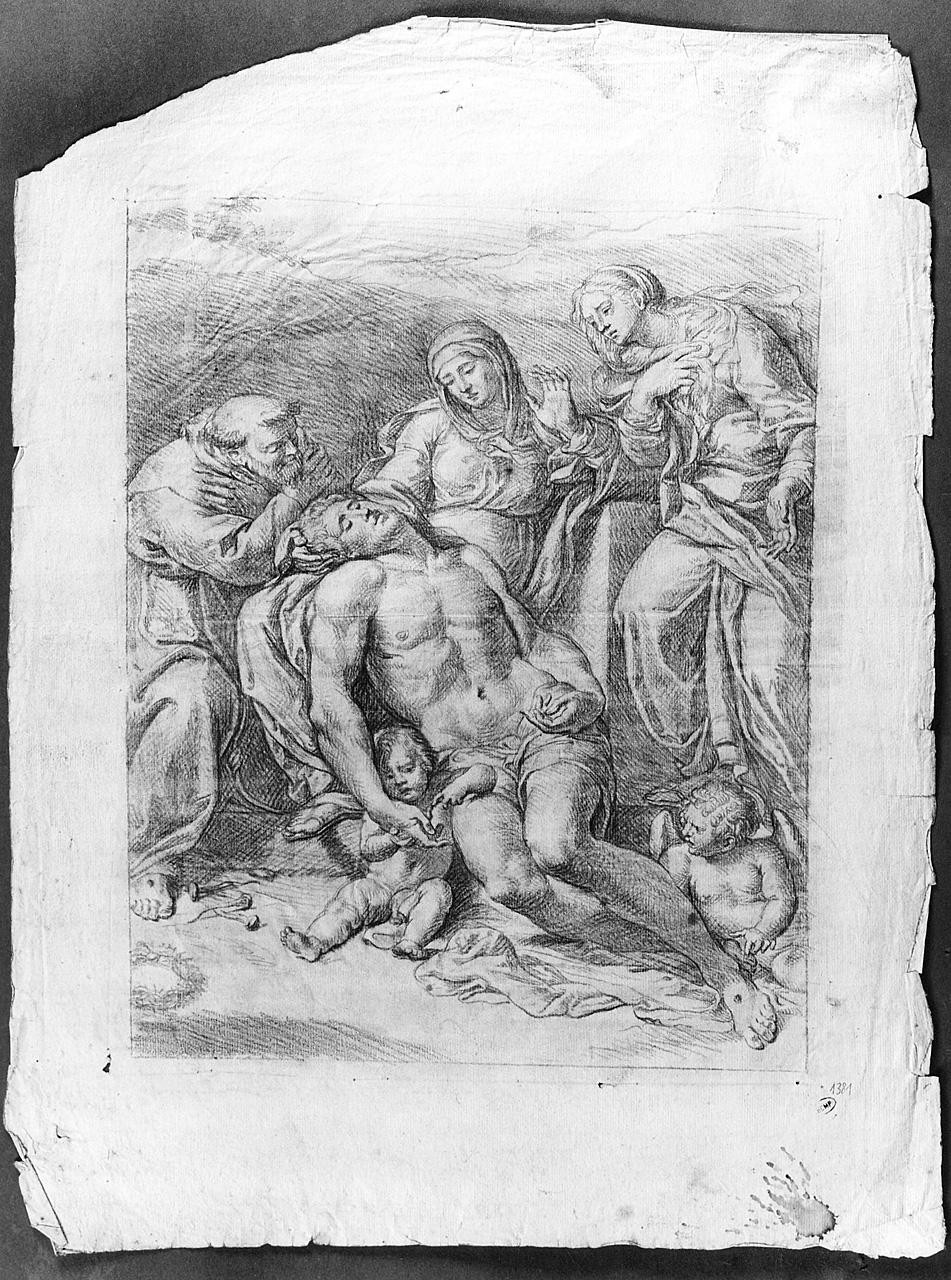 compianto sul Cristo morto con Santa Maria Maddalena e San Francesco (disegno) di Ansaldi Innocenzo (sec. XVIII)