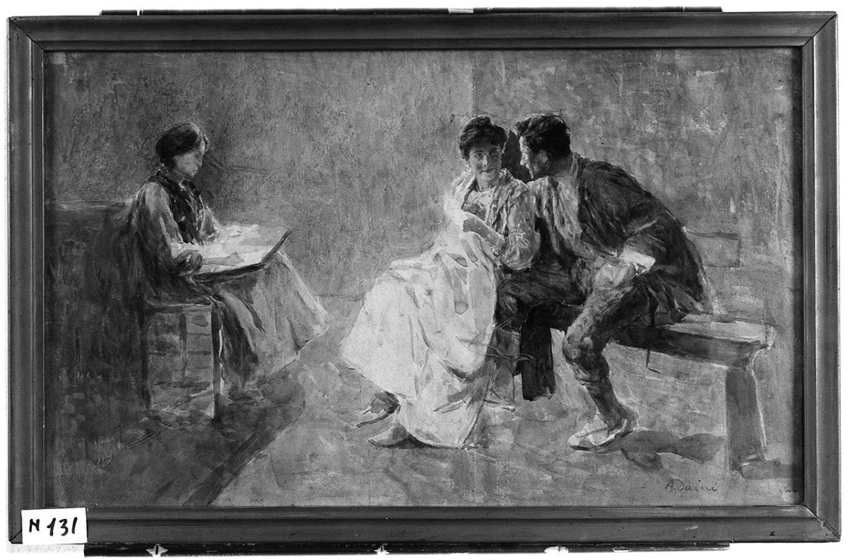 interno con figure sedute (disegno) di Daini Augusto (fine/ inizio secc. XIX/ XX)