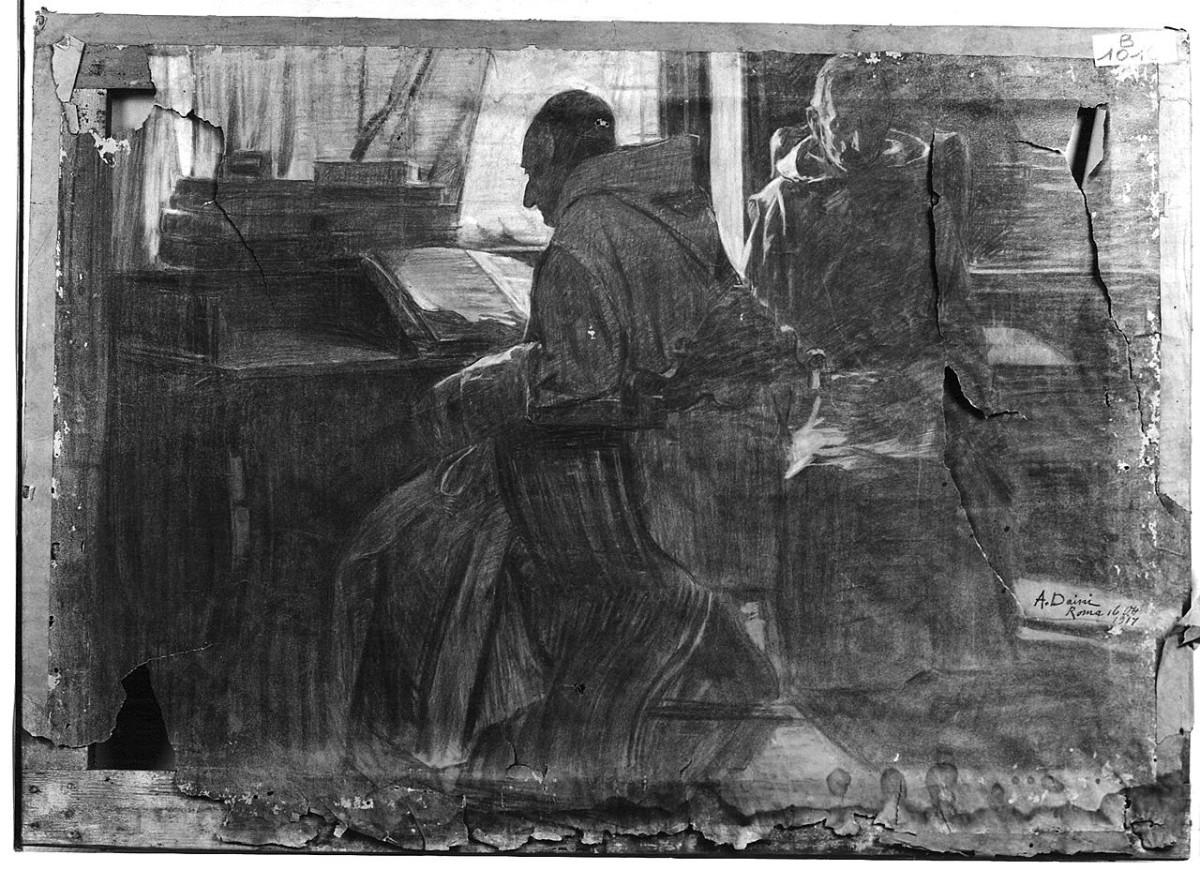 interno di studio con monaci (disegno) di Daini Augusto (sec. XX)