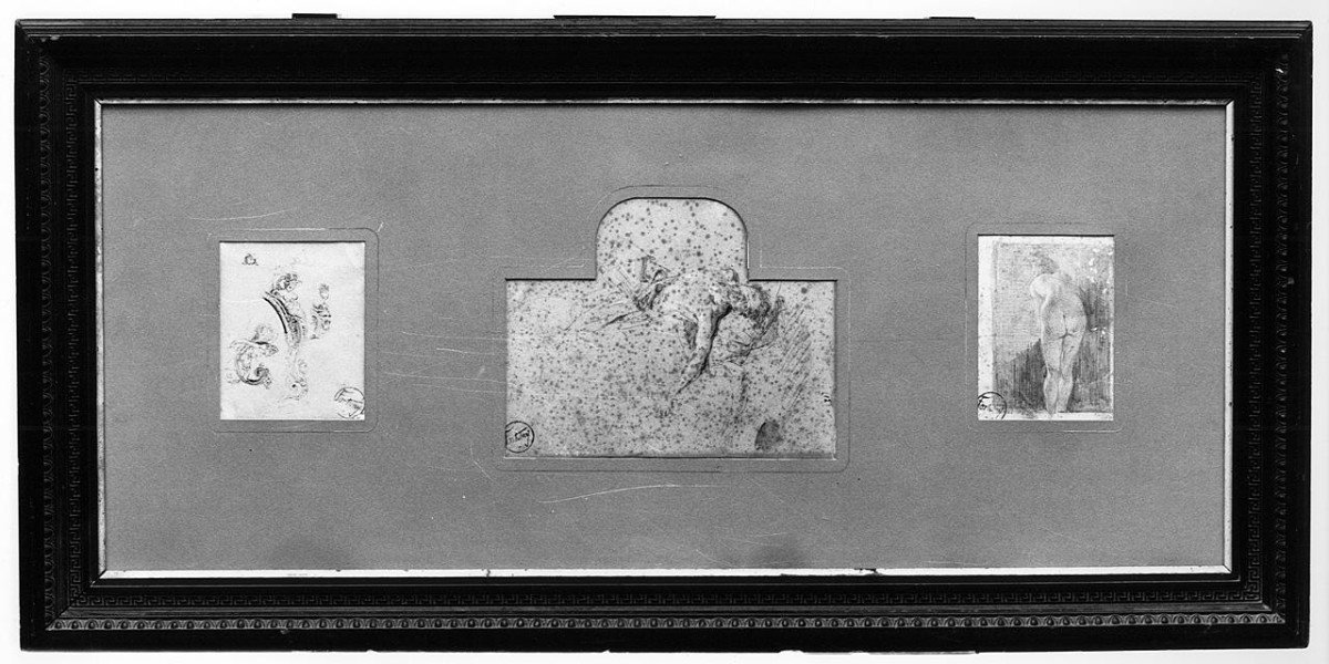 grottesche; figura maschile distesa; figura femminile nuda di schiena (disegno, serie) di Fortuny y Carbò Carlo Mariano (terzo quarto sec. XIX)