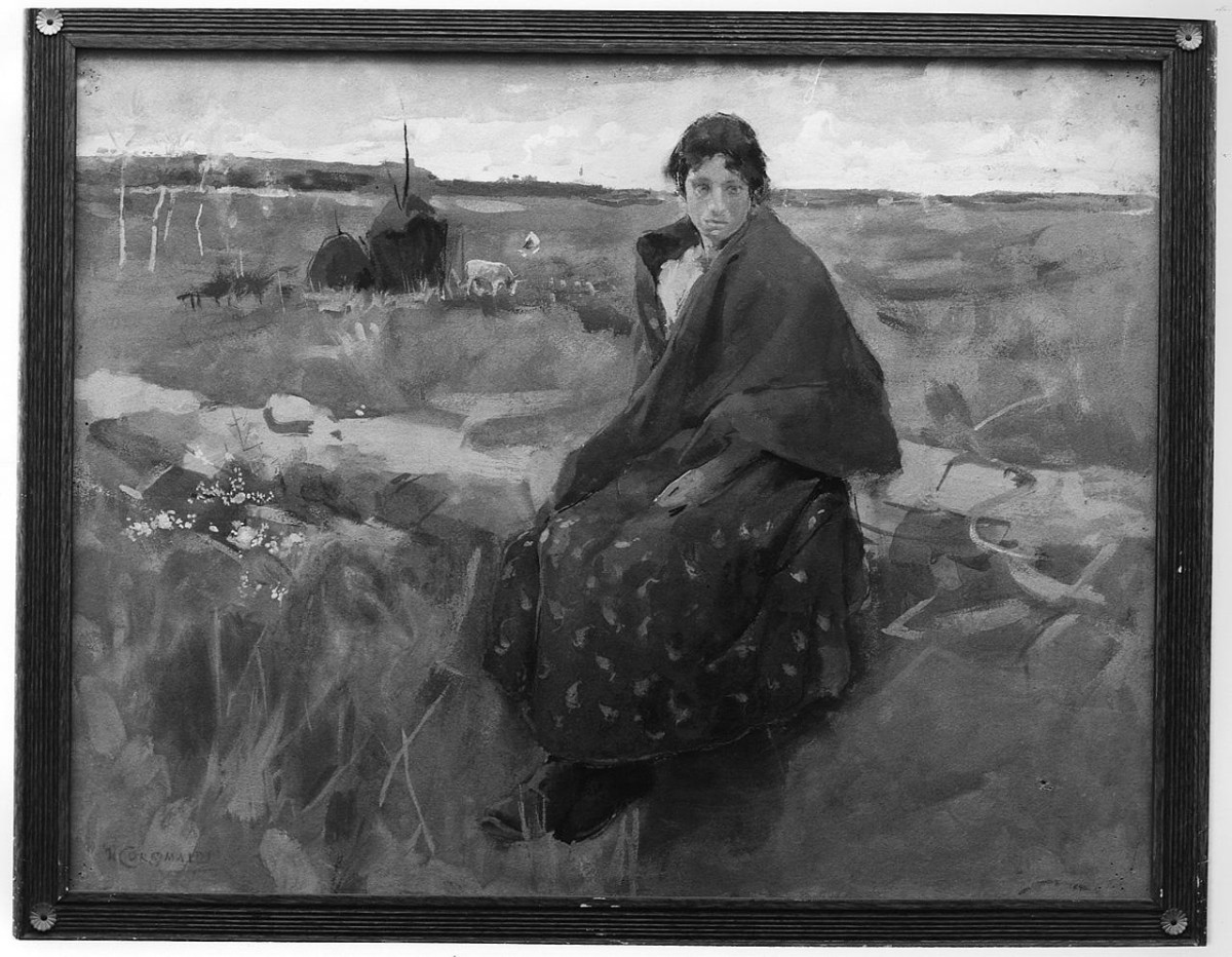 paesaggio con figura femminile seduta (disegno) di Coromaldi Umberto (fine sec. XIX)