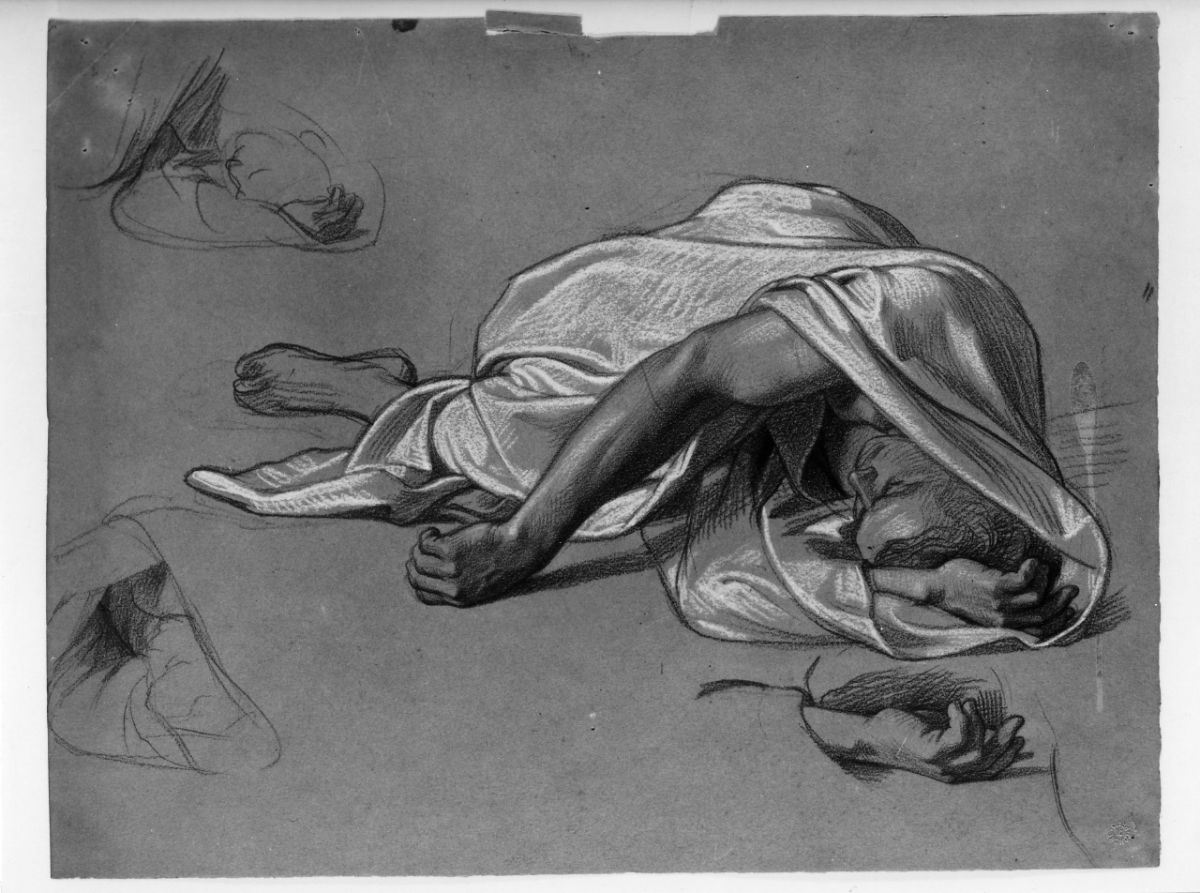 studio di figura panneggiata; studio di mano; studio di figura (disegno preparatorio) di Franchi Alessandro (sec. XIX)