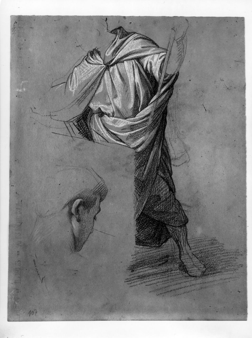 studio di figura panneggiata; studio di testa (disegno preparatorio) di Franchi Alessandro (sec. XIX)
