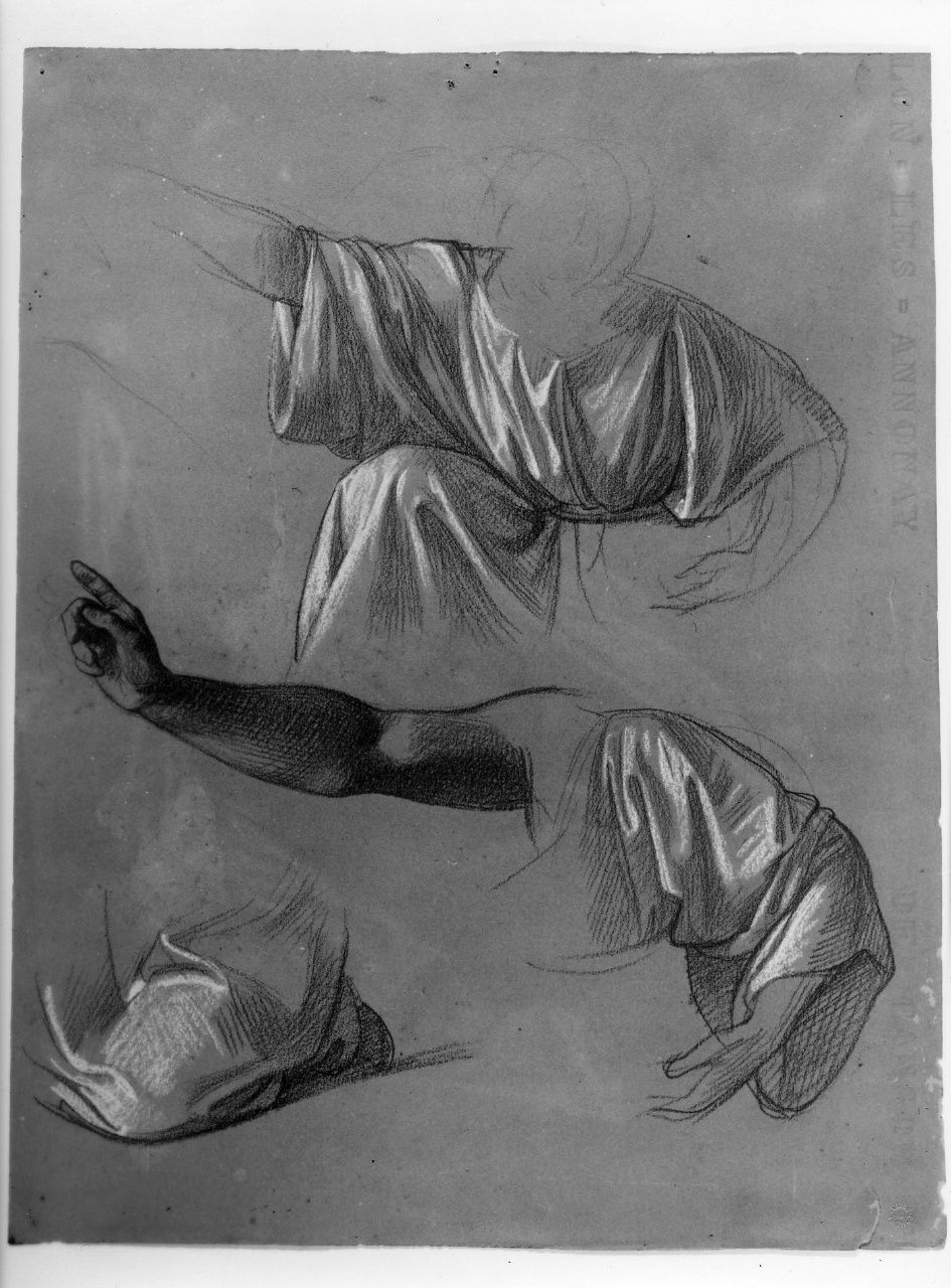 studio di panneggio; studio di braccio; studio di figura panneggiata (disegno preparatorio) di Franchi Alessandro (sec. XIX)