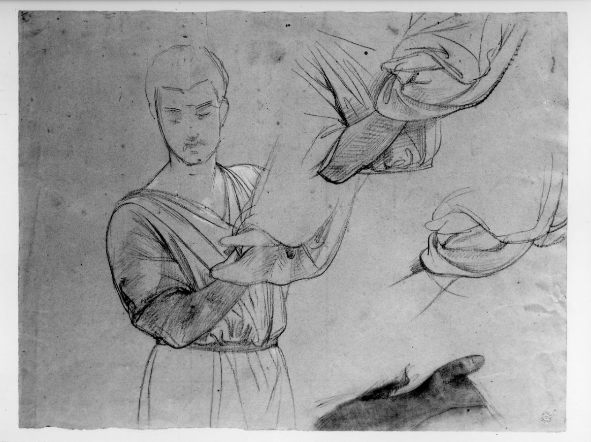 studio di figura; studio di mano; studio di panneggio (disegno preparatorio) di Franchi Alessandro (sec. XIX)