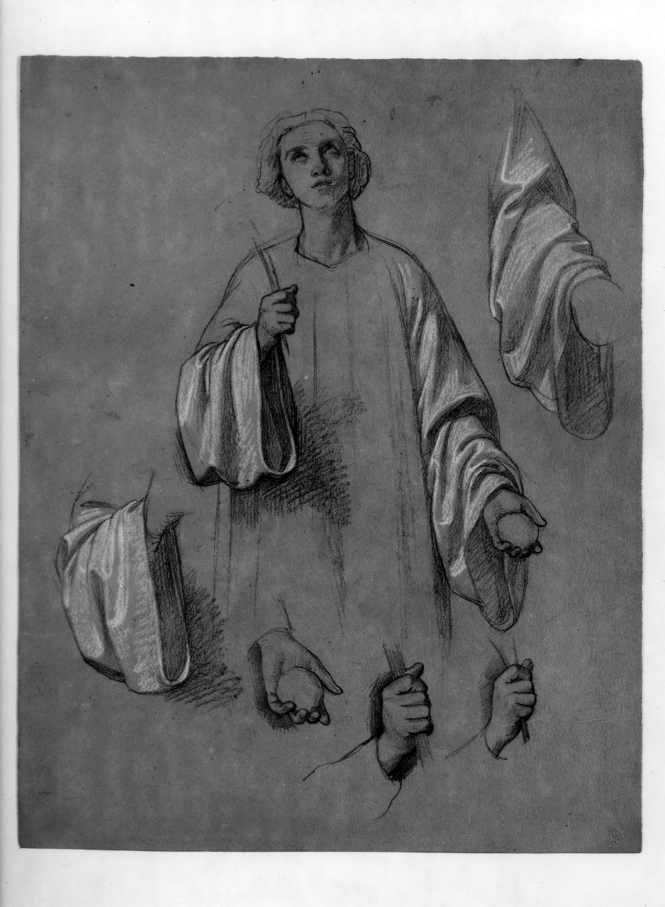studio di figura; studio di panneggio; studio di mano (disegno preparatorio) di Franchi Alessandro (sec. XIX)