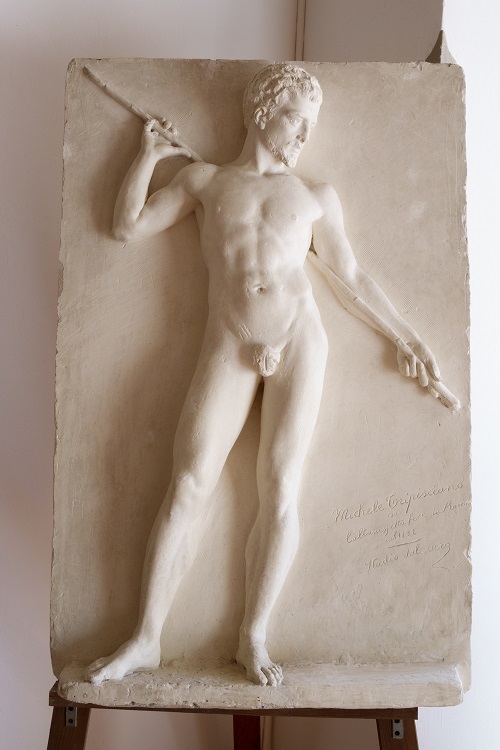 studio dal vero, figura maschile con canna (altorilievo, opera isolata) di Tripisciano Michele - ambito romano (ultimo quarto XIX)