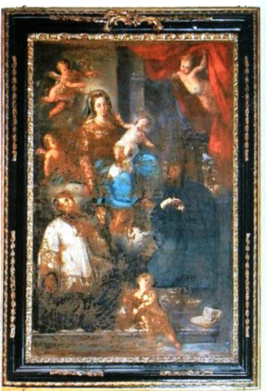 Madonna con san Stanislao Kostka e san Luigi Gonzaga, la Vergine con il Bimbo in braccio assiste i due santi gesuiti iconograficamente canonici nelle vesti (dipinto, opera isolata) di Tuccari Giovanni (attribuito) - ambito siciliano (secondo quarto XVIII)