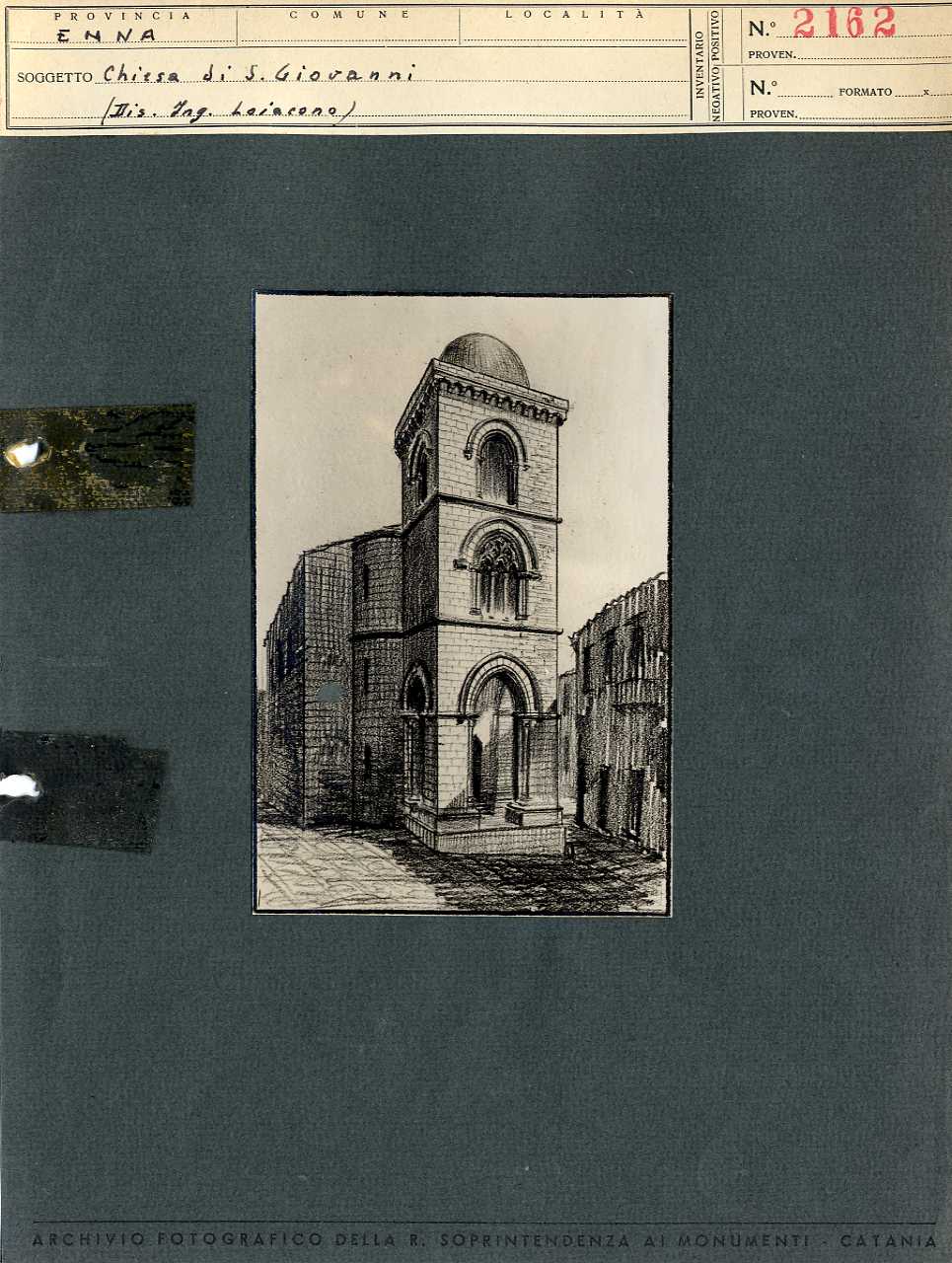 Sicilia - Enna - Architettura religiosa - Campanile di San Giovanni - Riproduzione fotografica di disegno architettonico dell'ing. Lojacono (positivo, elemento-parte componente, scheda di supporto) di Anonimo <1901-1950> (secondo quarto XX)