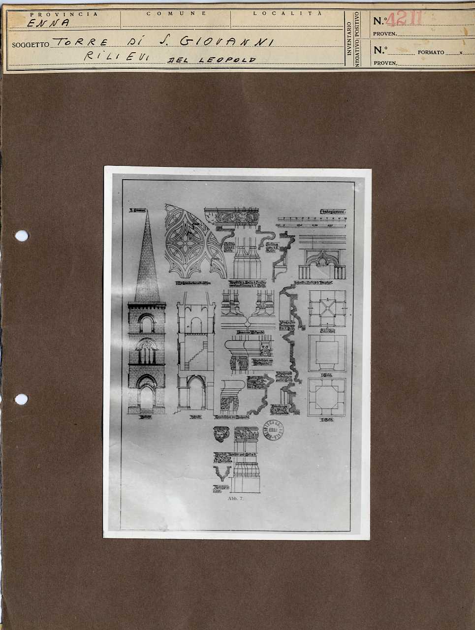 Sicilia - Enna - Architettura religiosa - Torre di San Giovanni - Riproduzione fotografica dei disegni di W. Leopold (positivo, elemento-parte componente, scheda di supporto) di Anonimo <1951 - 2000> (terzo quarto XX)