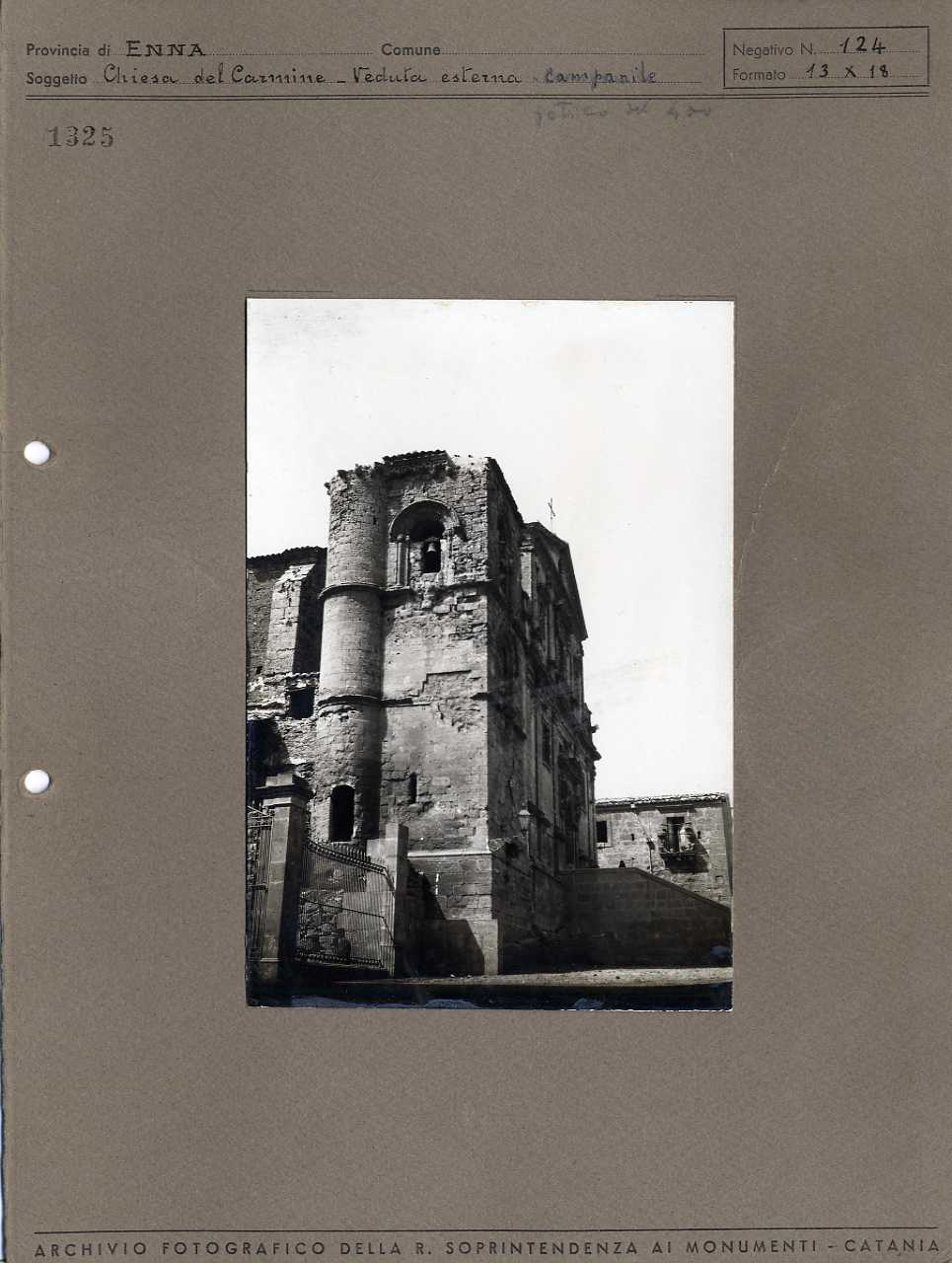 Sicilia - Enna - Architettura religiosa - Chiesa del Carmine - campanile (positivo, elemento-parte componente, scheda di supporto) di Anonimo <1901-1950> (prima metà XX)