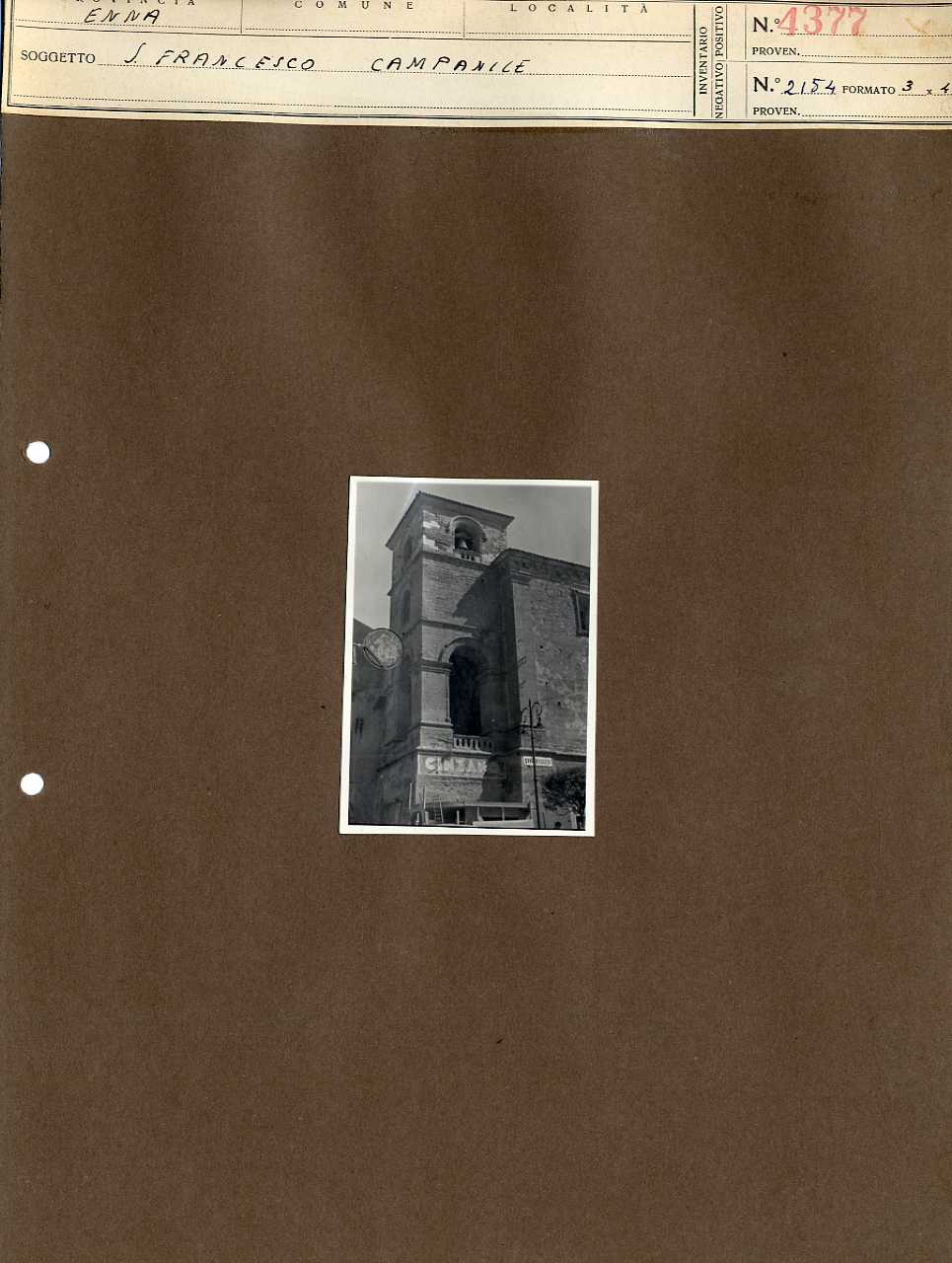 Sicilia - Enna - Architettura religiosa - Chiesa di San Francesco d'Assisi- campanile (positivo, elemento-parte componente, scheda di supporto) di Anonimo <1945 - 1955> (metà XX)