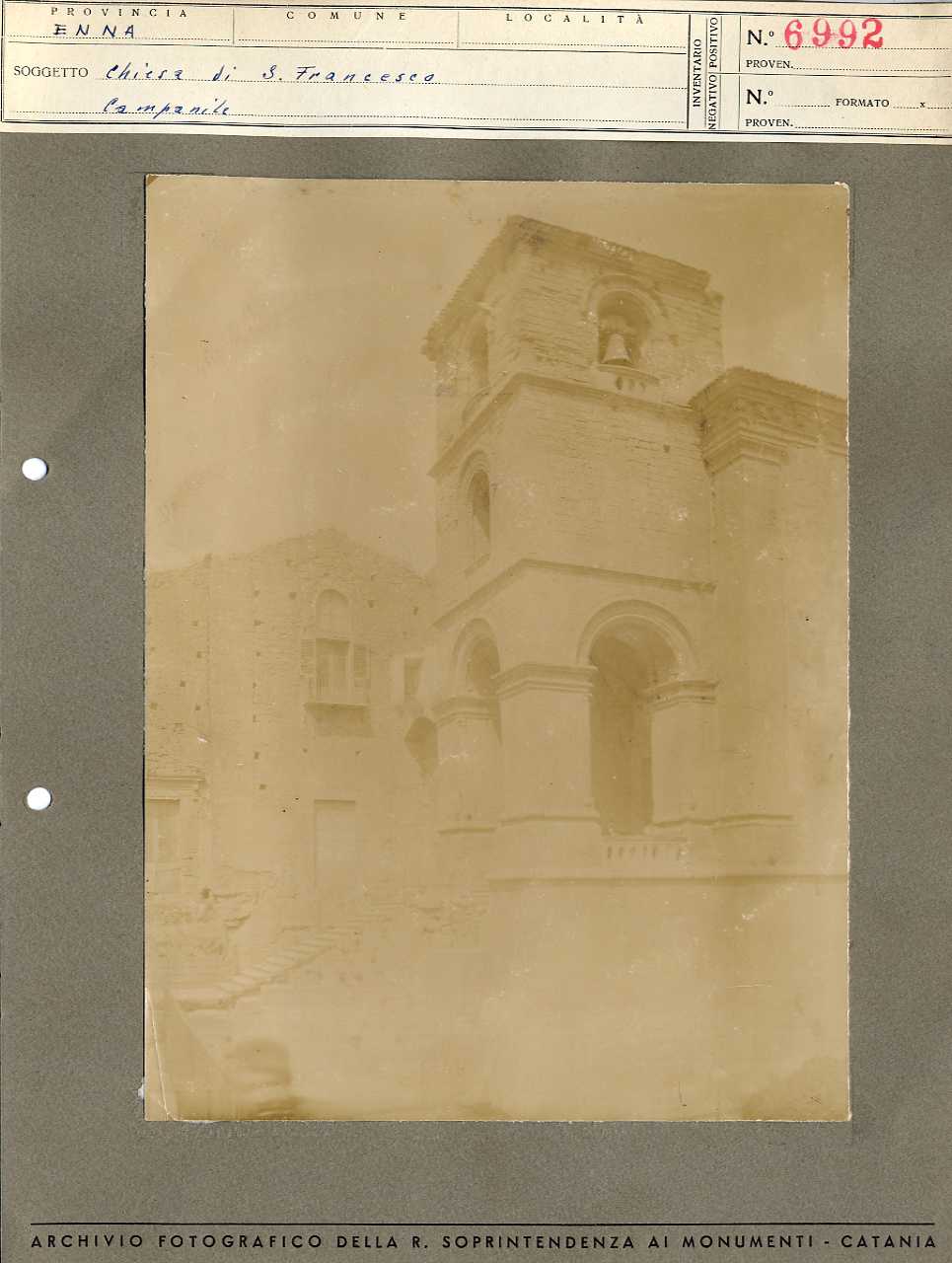 Sicilia - Enna - Architettura religiosa - Chiesa di San Francesco d'Assisi- campanile (positivo, elemento-parte componente, scheda di supporto) di Anonimo <1901-1950> (prima metà XX)