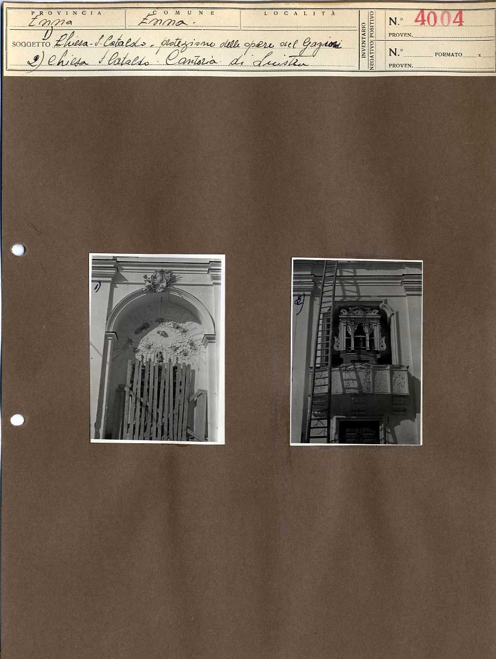 Sicilia - Enna - Architettura religiosa - Chiesa di San Cataldo - Interno (positivo, elemento-parte componente, scheda di supporto) di Anonimo <1945 - 1955> (metà XX)
