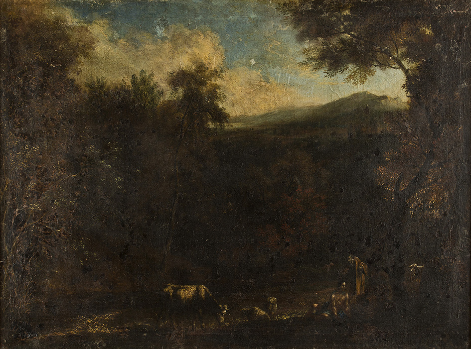 Paesaggio con soggetto mitologico, Paesaggio (dipinto, opera isolata) - ambito Italia centro-meridionale (metà/ metà Sec. XVIII/ XIX)