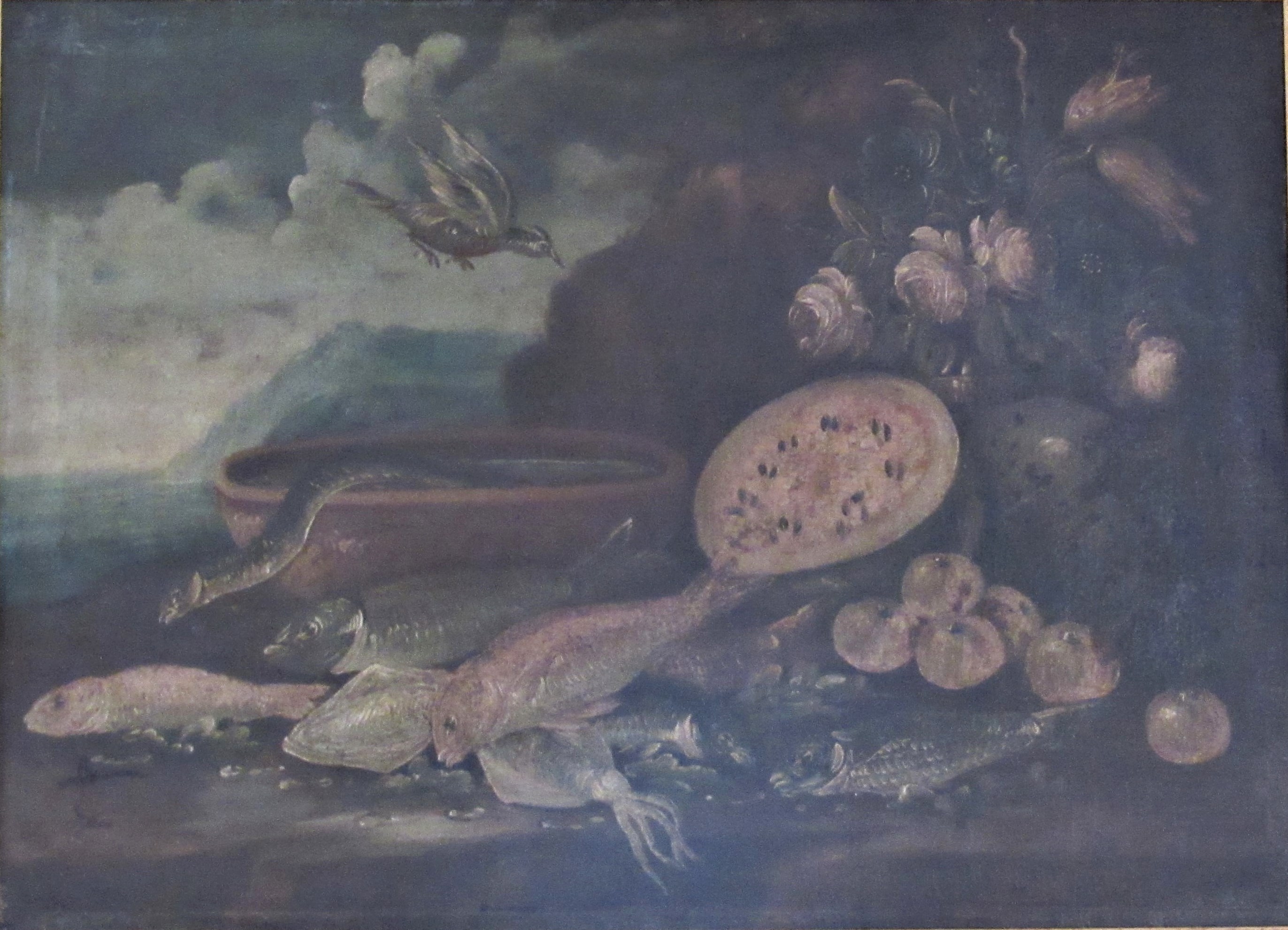 Natura morta con pesci e frutta, Natura morta con pesci e frutta (dipinto, opera isolata) - ambito napoletano (fine/ inizio Sec. XVIII/ XIX)