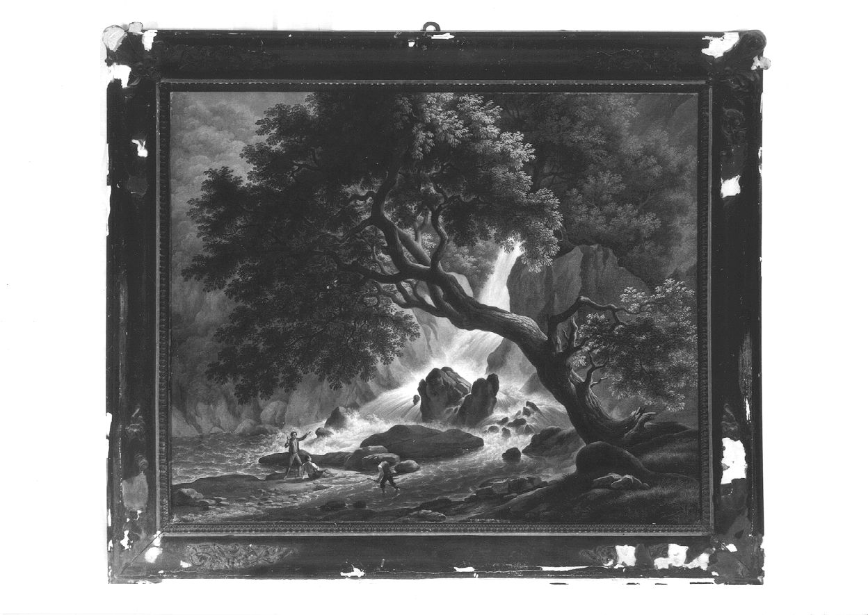 Paesaggio con cascata d'acqua, paesaggio con cascata (dipinto, opera isolata) di Righini Pietro (fine sec. XVIII)