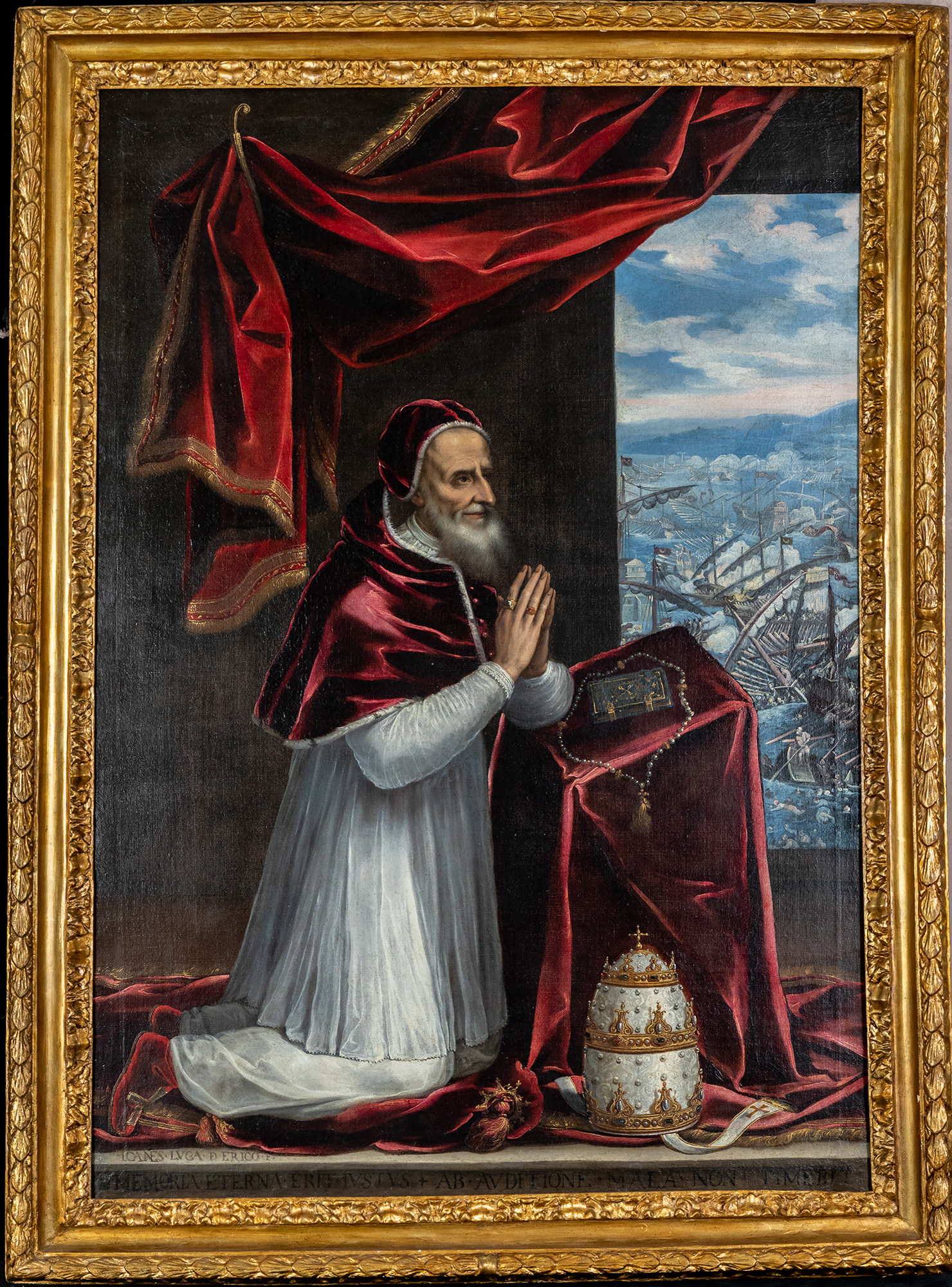 papa Pio V in preghiera per la battaglia di Lepanto (dipinto, opera isolata) - ambito italiano (fine/ inizio secc. XVI/ XVII)
