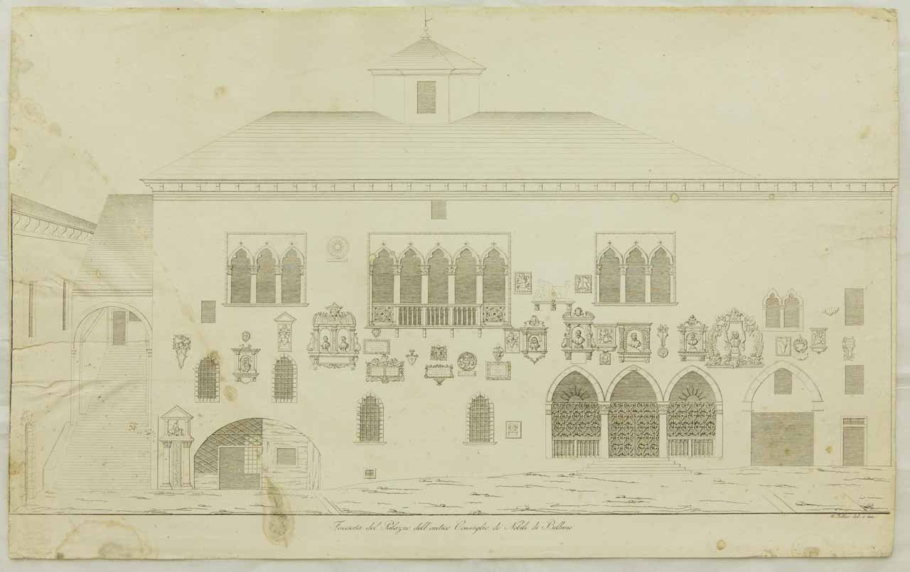 Facciata del Palazzo dell'antico Consiglio dei Nobili di Belluno (La Caminata) (stampa smarginata) di Toller Melchiorre - ambito bellunese (sec. XIX)