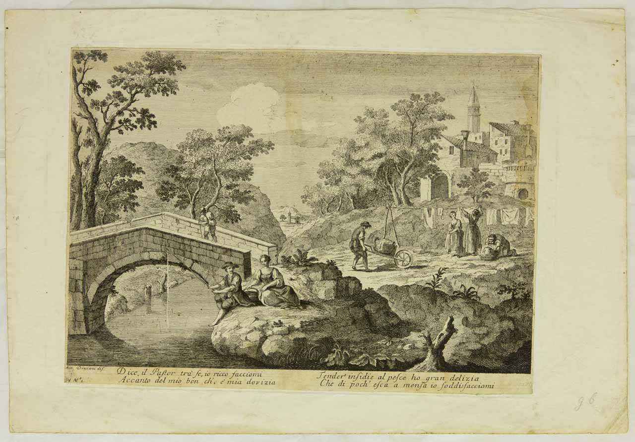 Dice il pastor, Paesaggio con ponte e contadini (stampa controfondata smarginata) di Diziani Antonio - ambito veneziano (sec. XVIII)