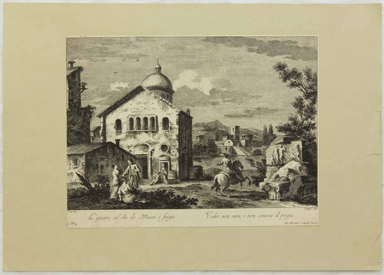 Paesaggio con chiesa e rovine antiche (stampa smarginata) di Scattaglia Pietro, Zais Giuseppe - ambito veneziano (sec. XVIII)