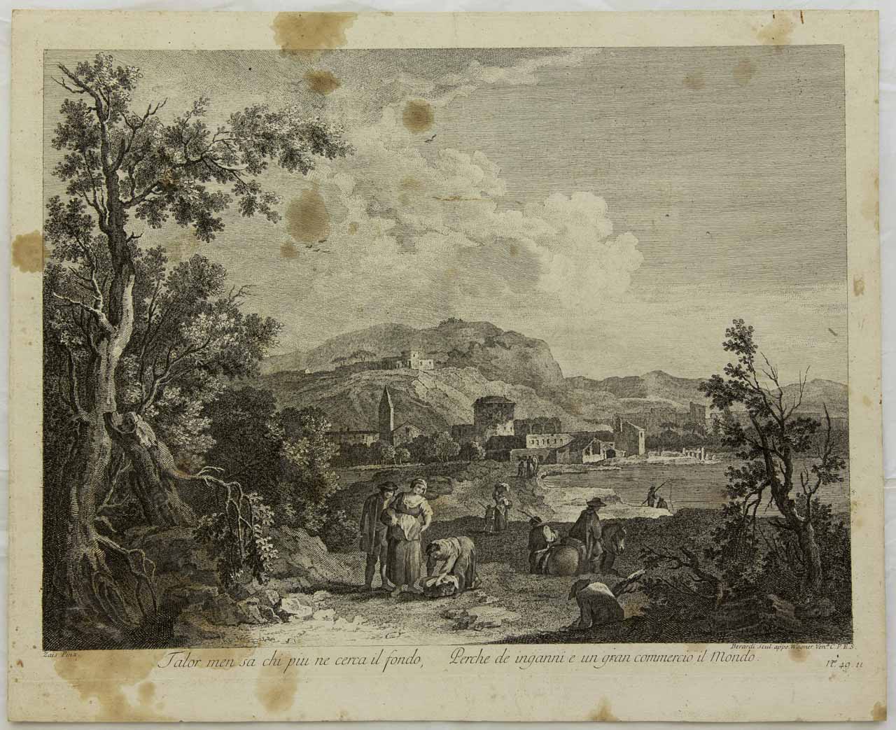 Paesaggio fluviale con contadini (stampa smarginata, serie) di Berardi Fabio, Zais Giuseppe - ambito veneziano (sec. XVIII)