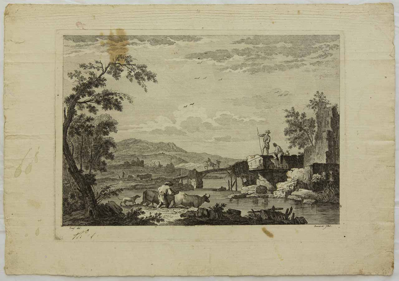 Paesaggio fluviale con bestiame che si abbevera (stampa) di Berardi Fabio, Zais Giuseppe - ambito veneziano (sec. XVIII)