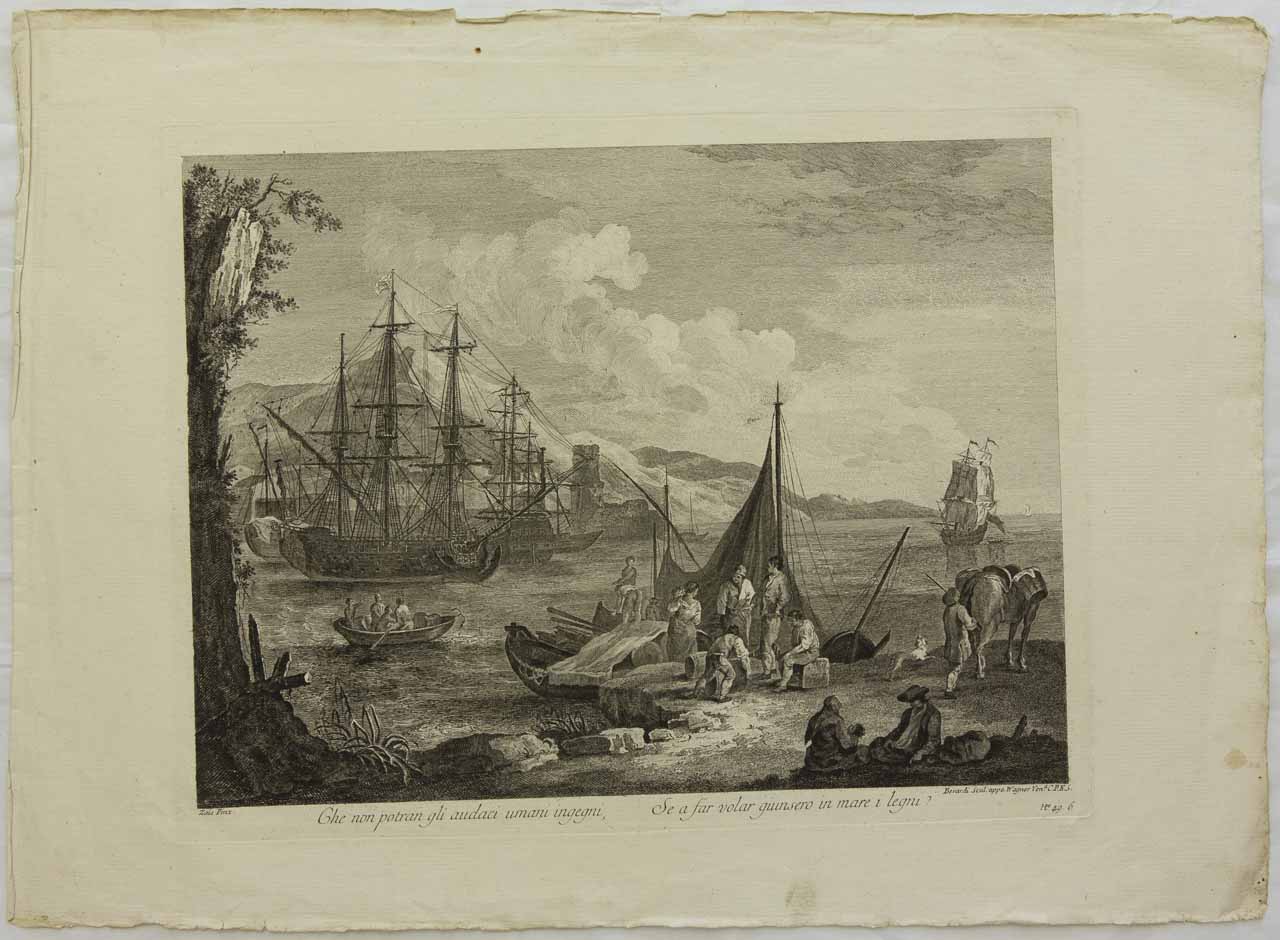 Paesaggio con pescatori in riva al mare (stampa, serie) di Berardi Fabio, Zais Giuseppe - ambito veneziano (sec. XVIII)