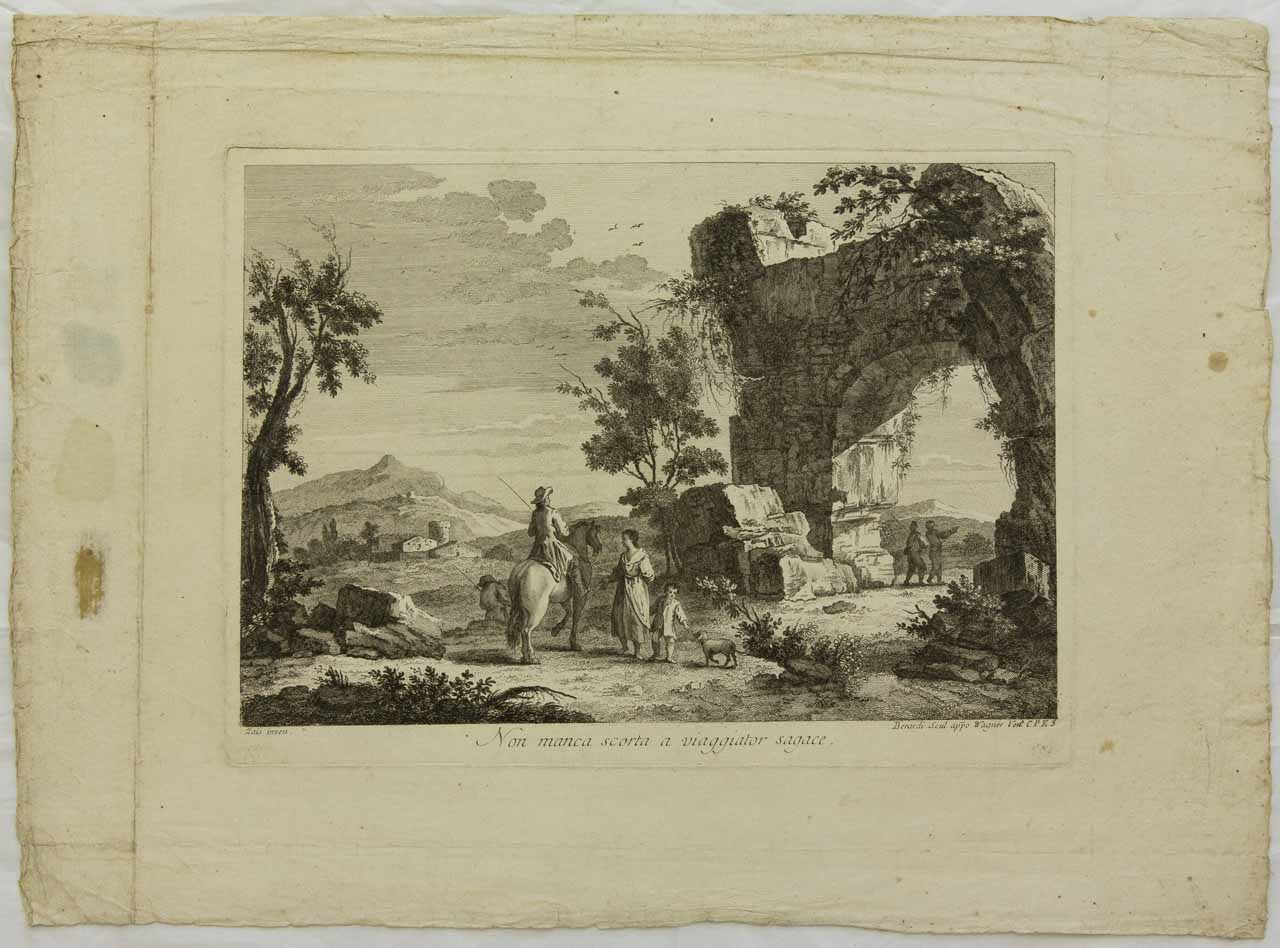 Paesaggio con uomo a cavallo e arco di pietra (stampa, serie) di Berardi Fabio, Zais Giuseppe - ambito veneziano (sec. XVIII)