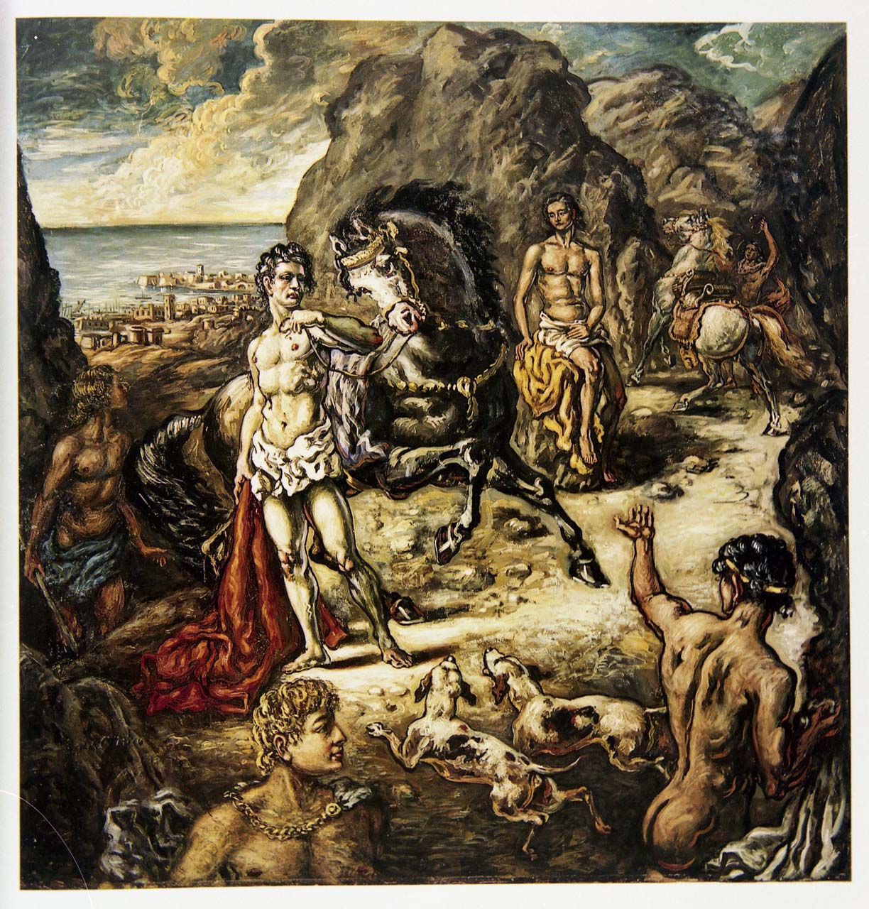 Ippolito con i compagni sui monti dell'isola di Creta (dipinto) di De Chirico Giorgio (terzo quarto sec. XX)