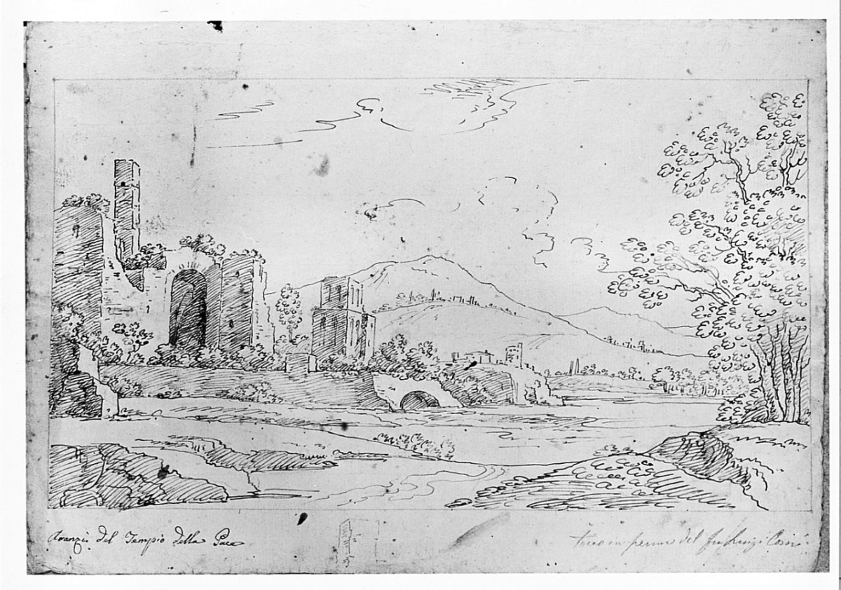Avanzi del Tempio della Pace, paesaggio con rovine (disegno) di Corsi Luigi (sec. XIX)