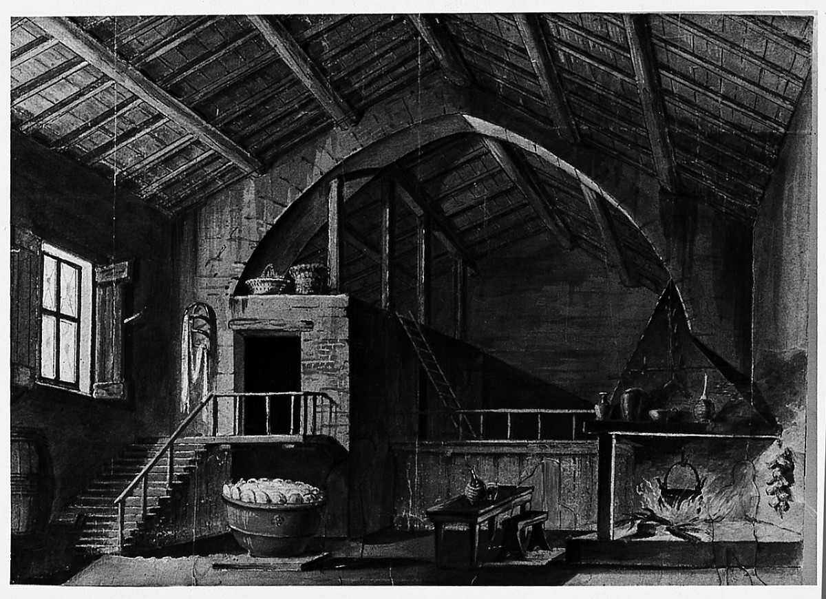 Interno di cucina, studio, interno (disegno) di Fabbroni Domenico (sec. XIX)