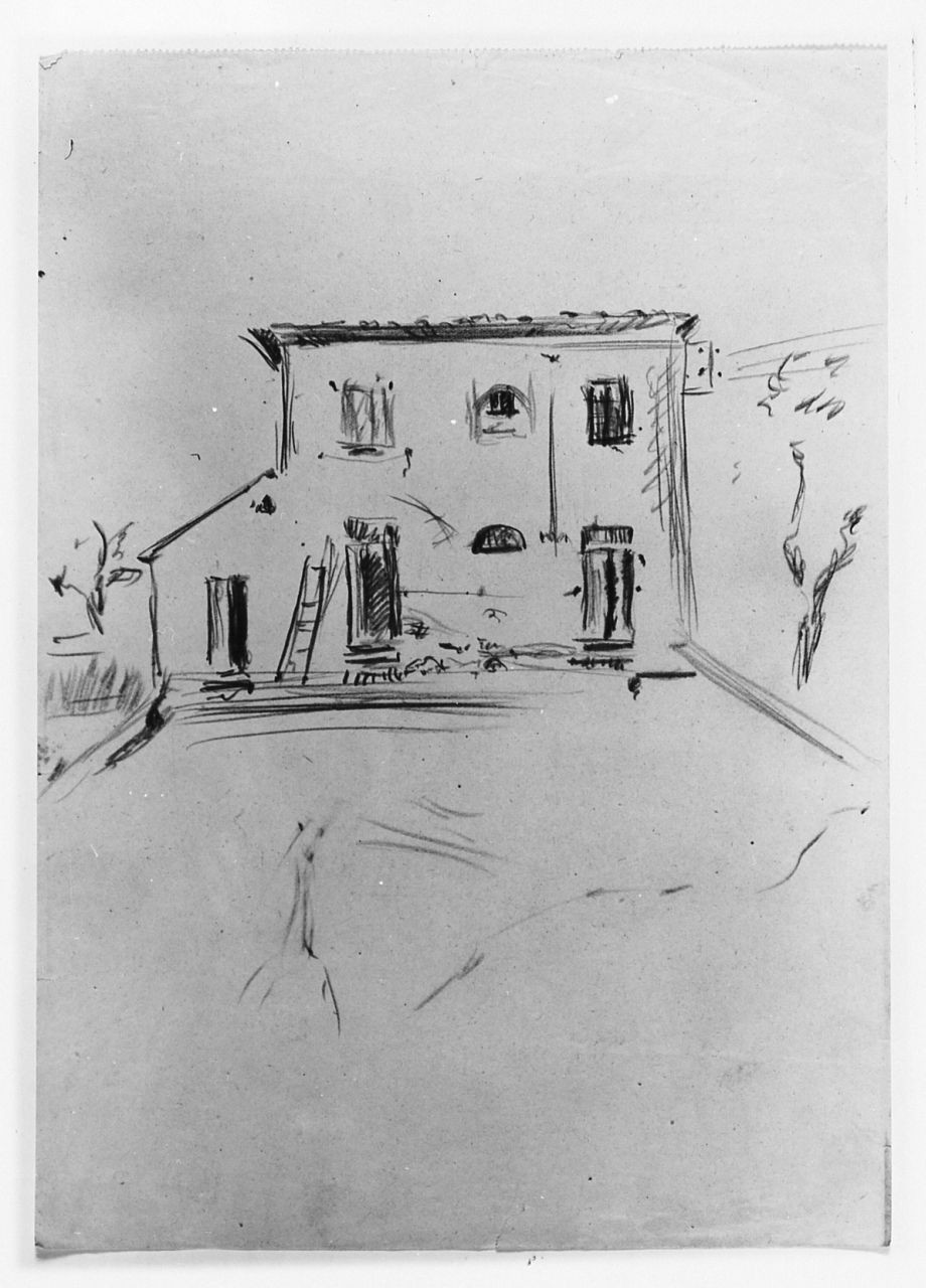 Casa colonica, paesaggio campestre (disegno) di Maestrelli Mario (secondo quarto sec. XX)