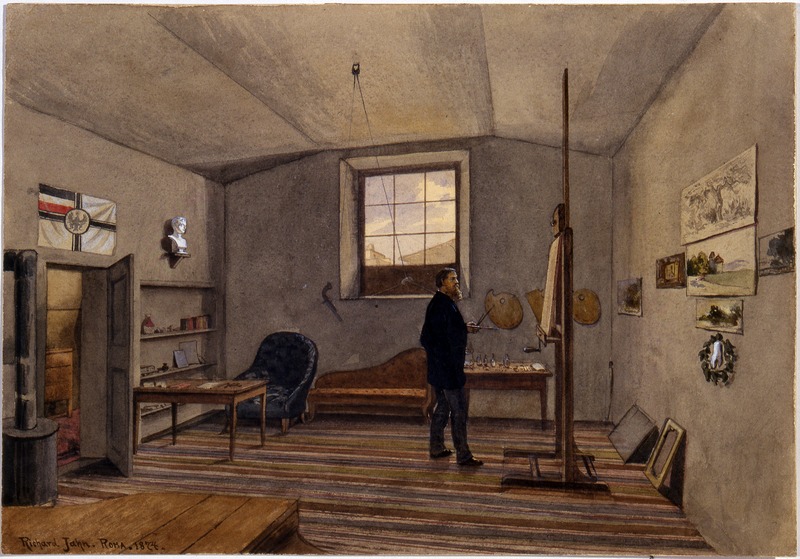 Autoritratto nello studio, studio del pittore (disegno) di Jahn Richard (sec. XIX)