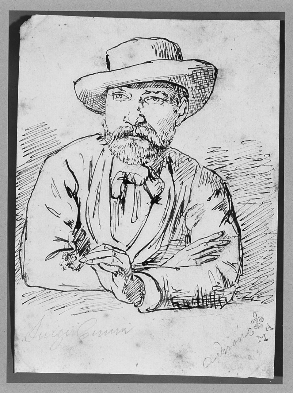 Luigi cenni con cappello, ritratto di Luigi Cenni (disegno) di Cecioni Adriano (sec. XIX)