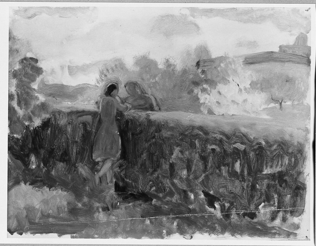 Colloquio al muretto, scena campestre (disegno) di Chaplin Elisabeth (sec. XX)